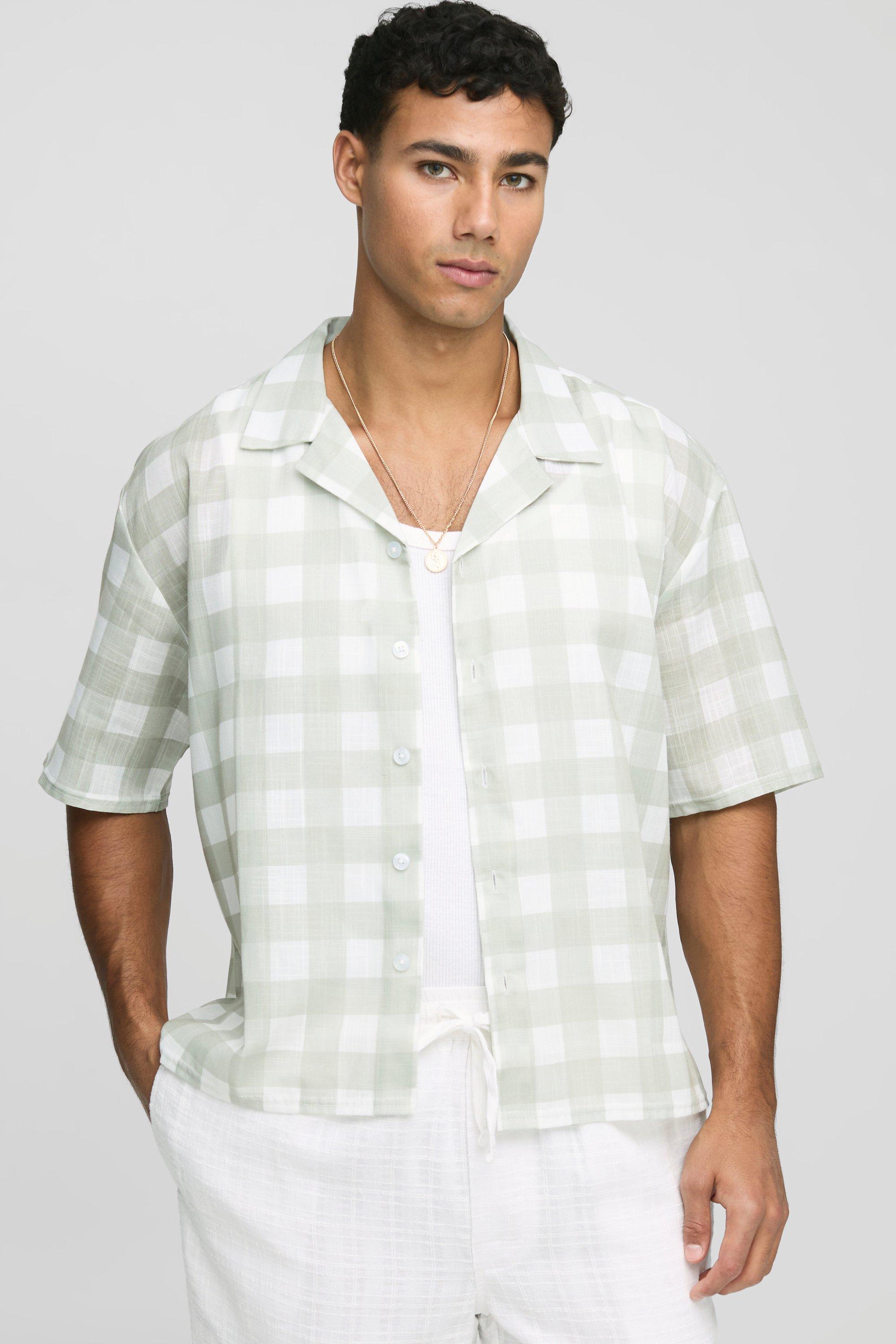 Image of Camicia squadrata oversize in tessuto fiammato a quadri con rever, Beige