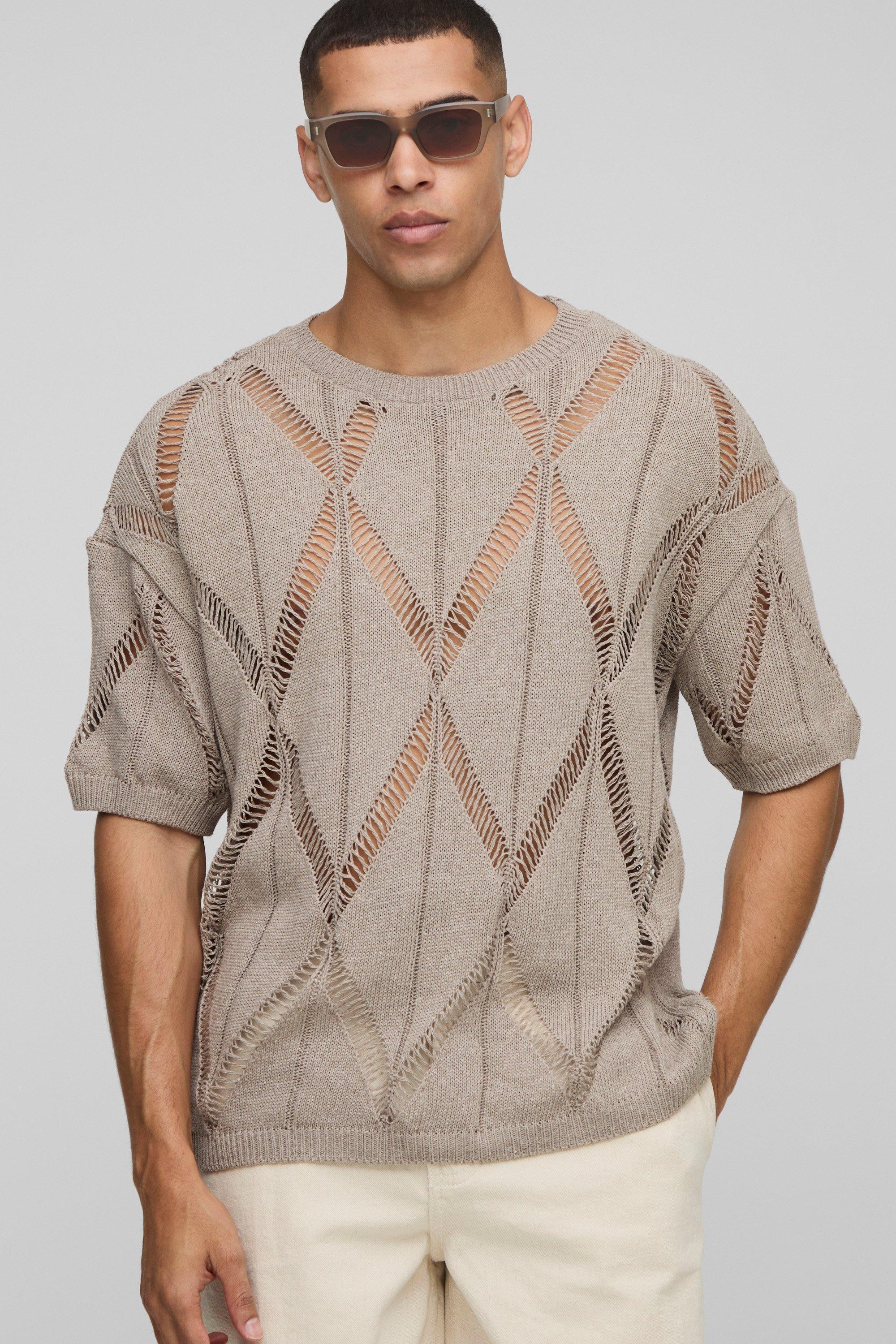 Mens Beige Oversized Abstract Knitted T-Shirt, Beige