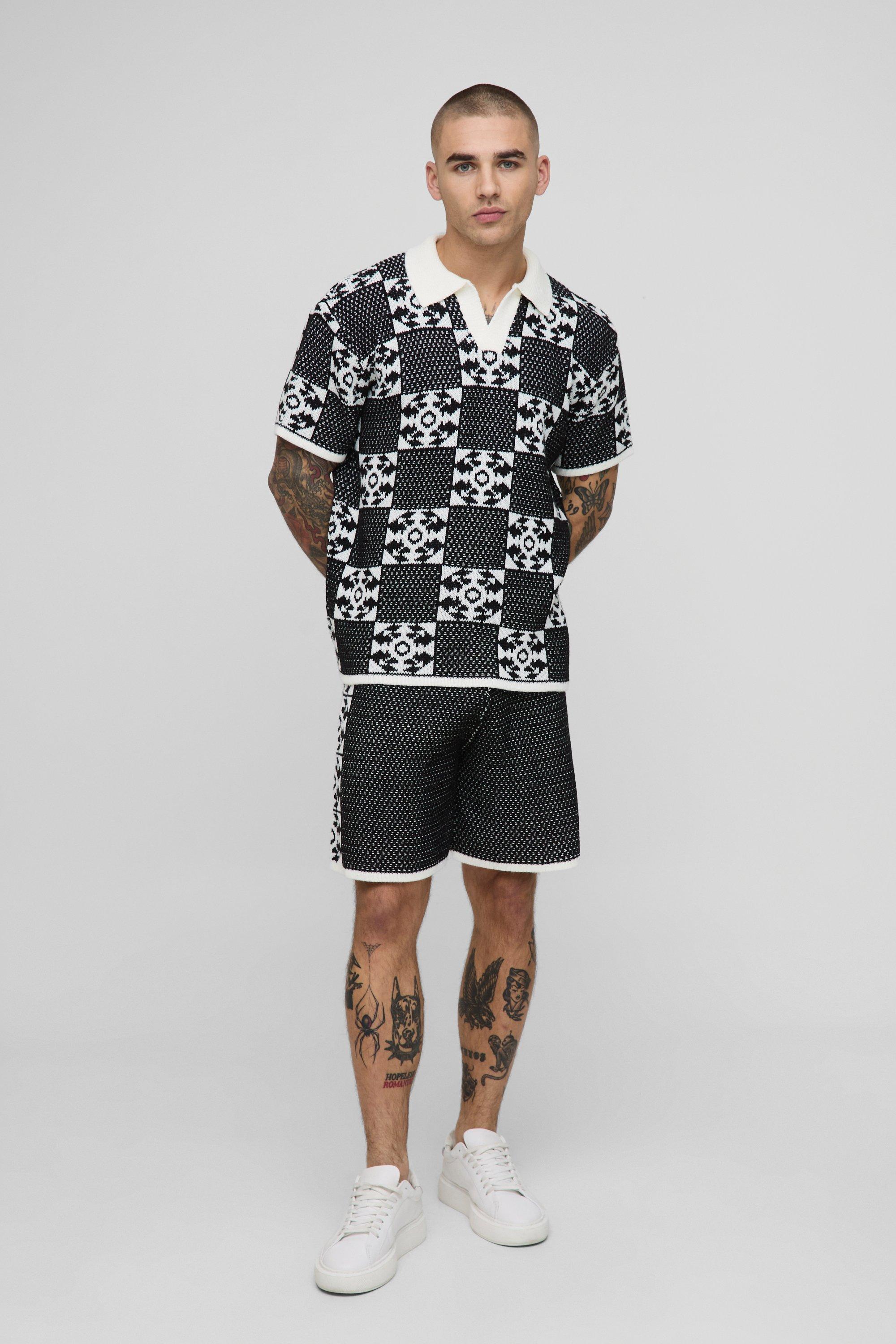 Boxy Fit Jacquard Square Revere Knitted Polo and Shorts Set