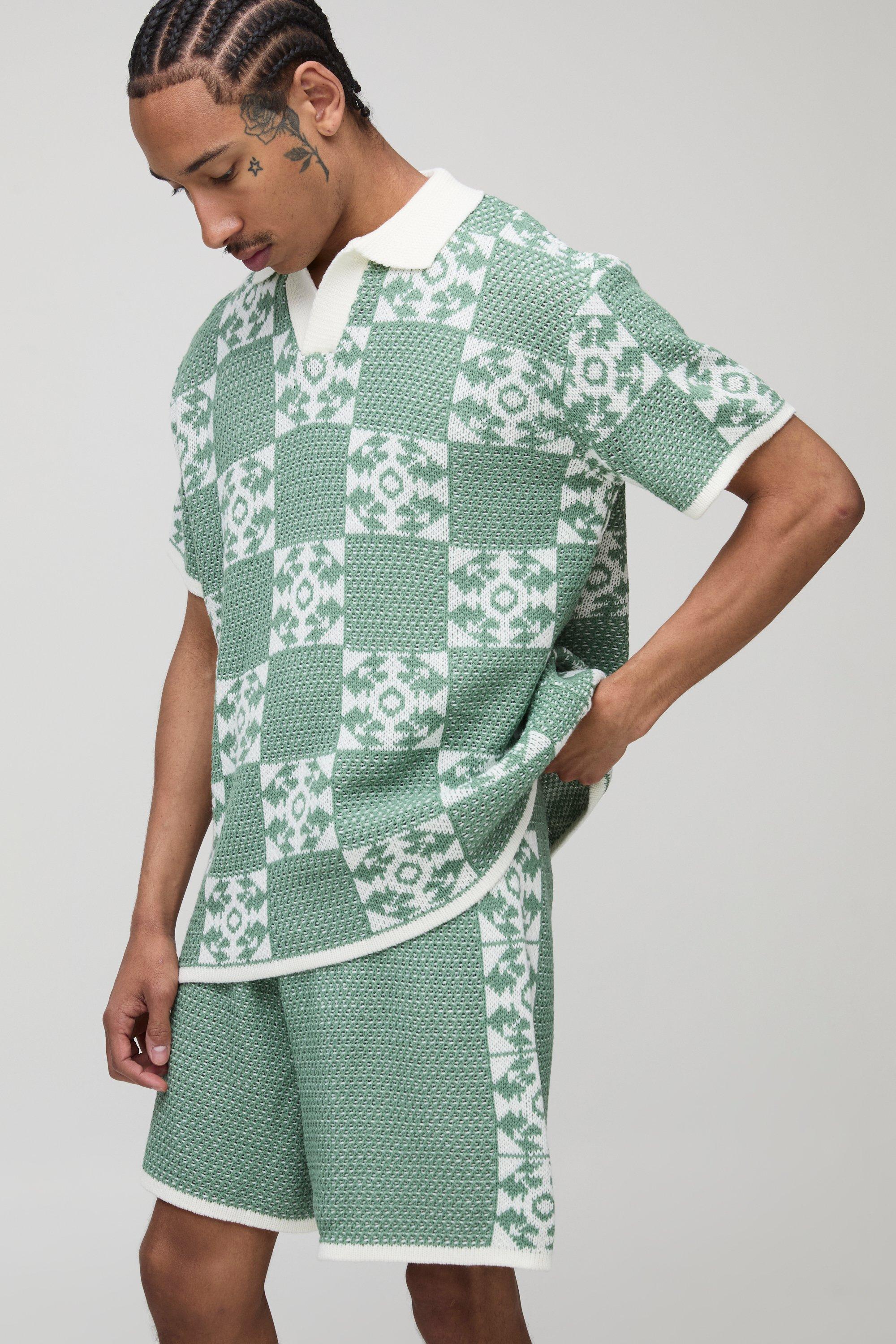 Mens Green Oversized Jacquard Square Revere Knitted Polo and Shorts Set, Green
