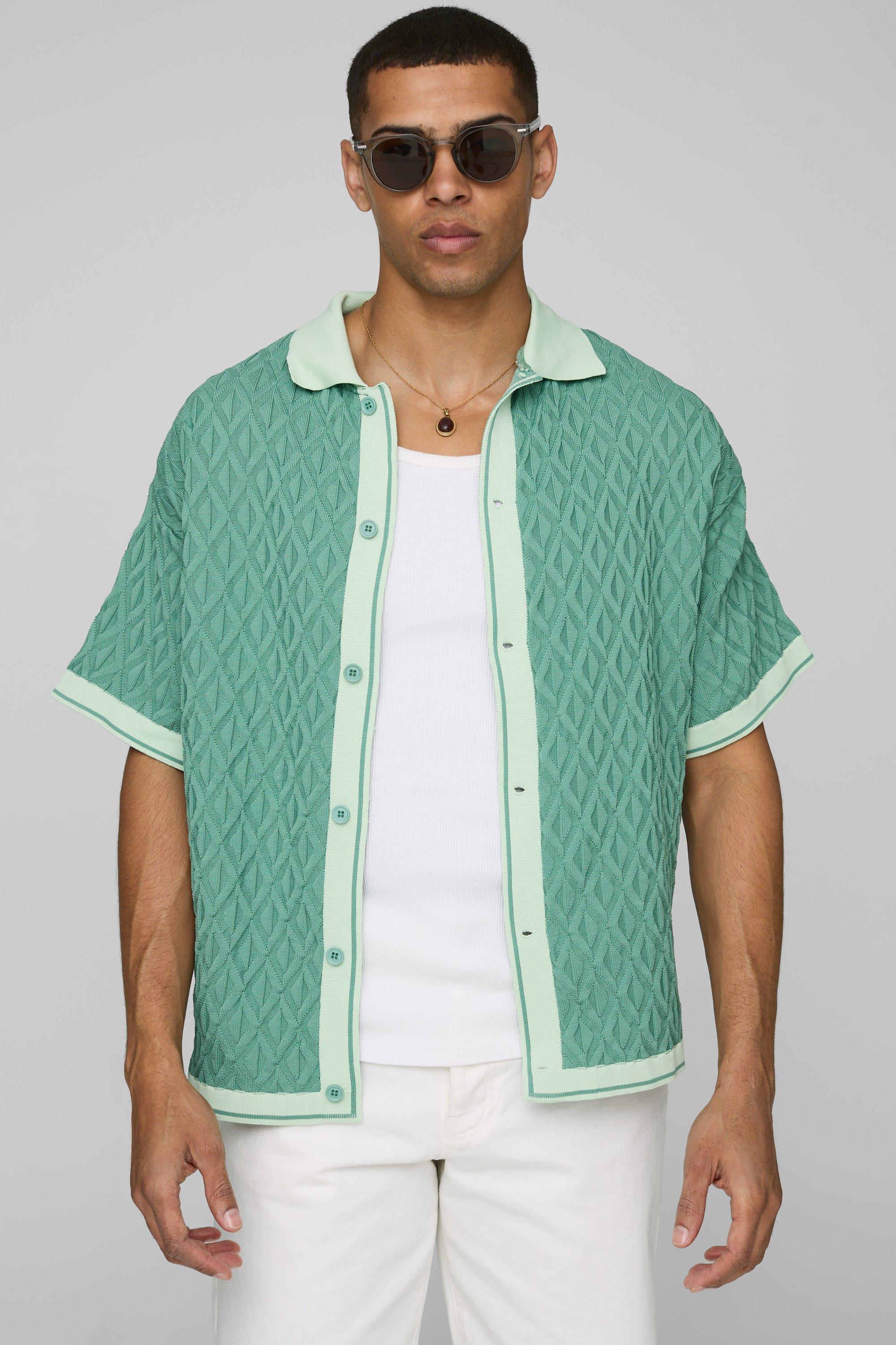 Mens Green Relaxed Fit Textured Jacquard Knitted Shirt, Green