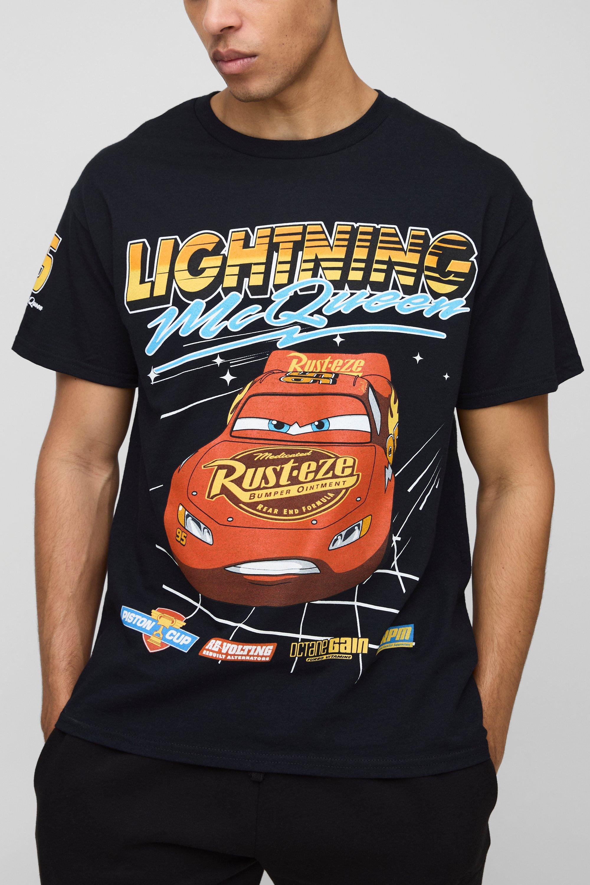 Mens Black Oversized Disney Cars Lightning McQueen License Printed T-Shirt, Black