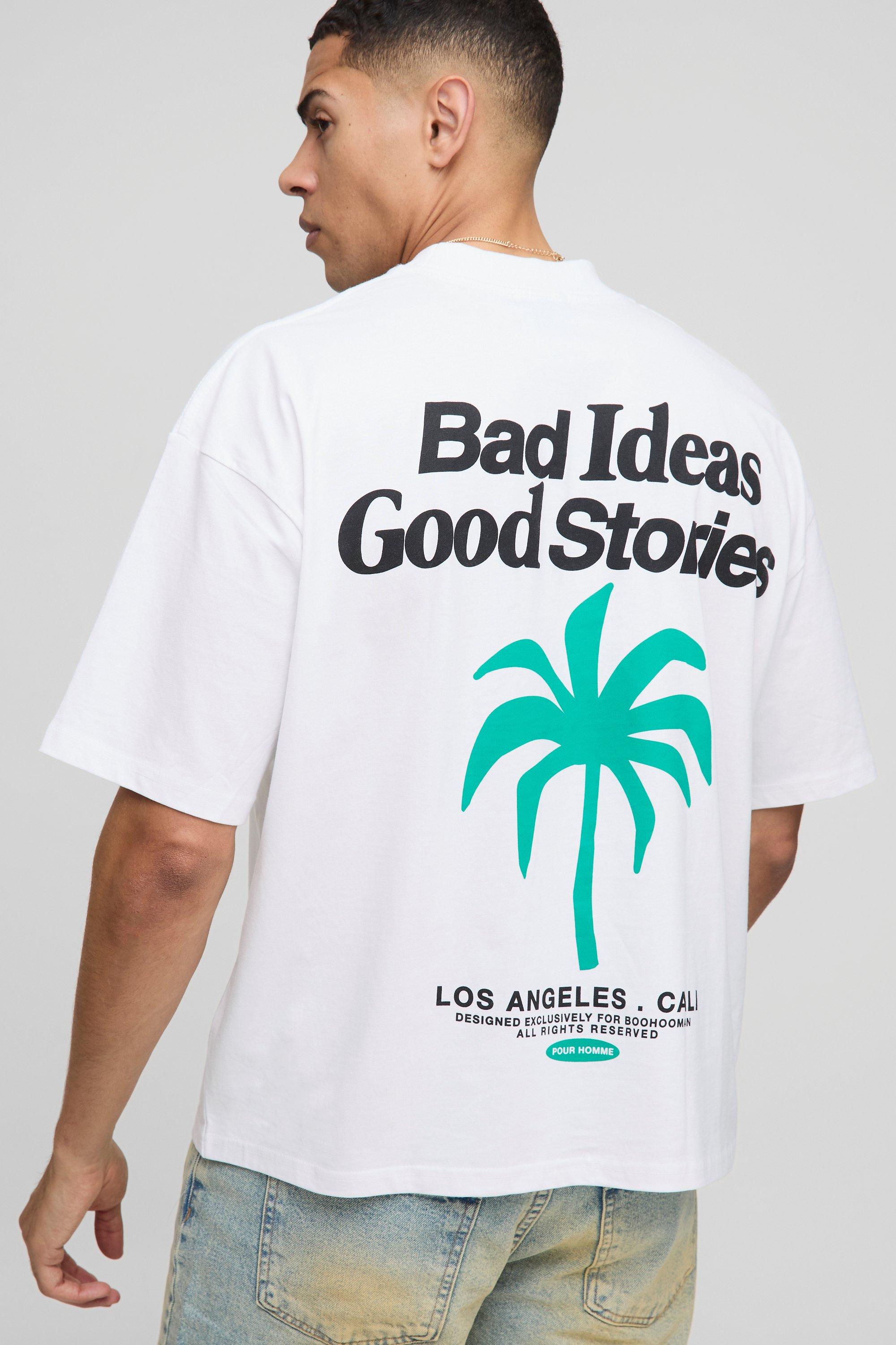 Mens White Oversized Boxy Extended Neck Palm Slogan T-Shirt, White