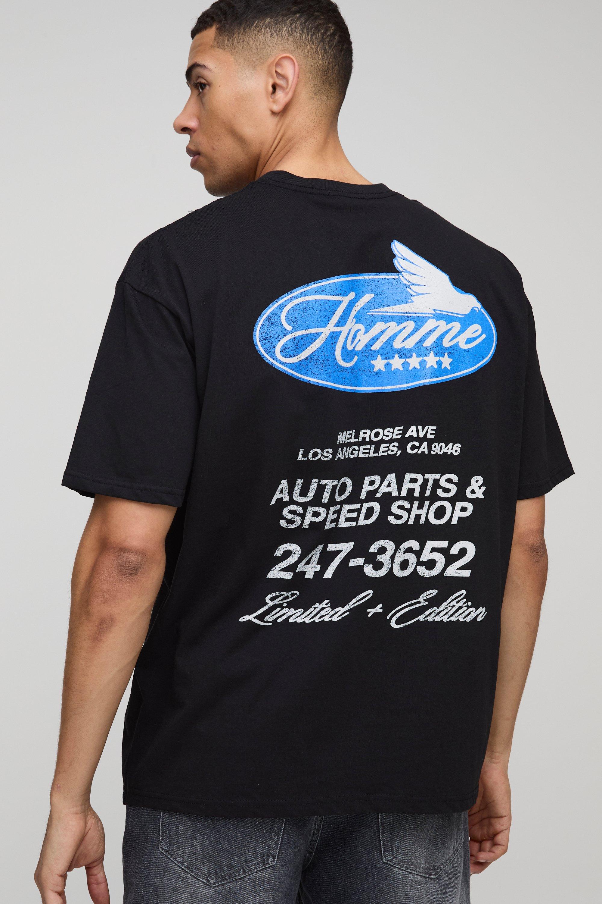 Mens Black Oversized Homme Auto Speed Printed T-Shirt, Black