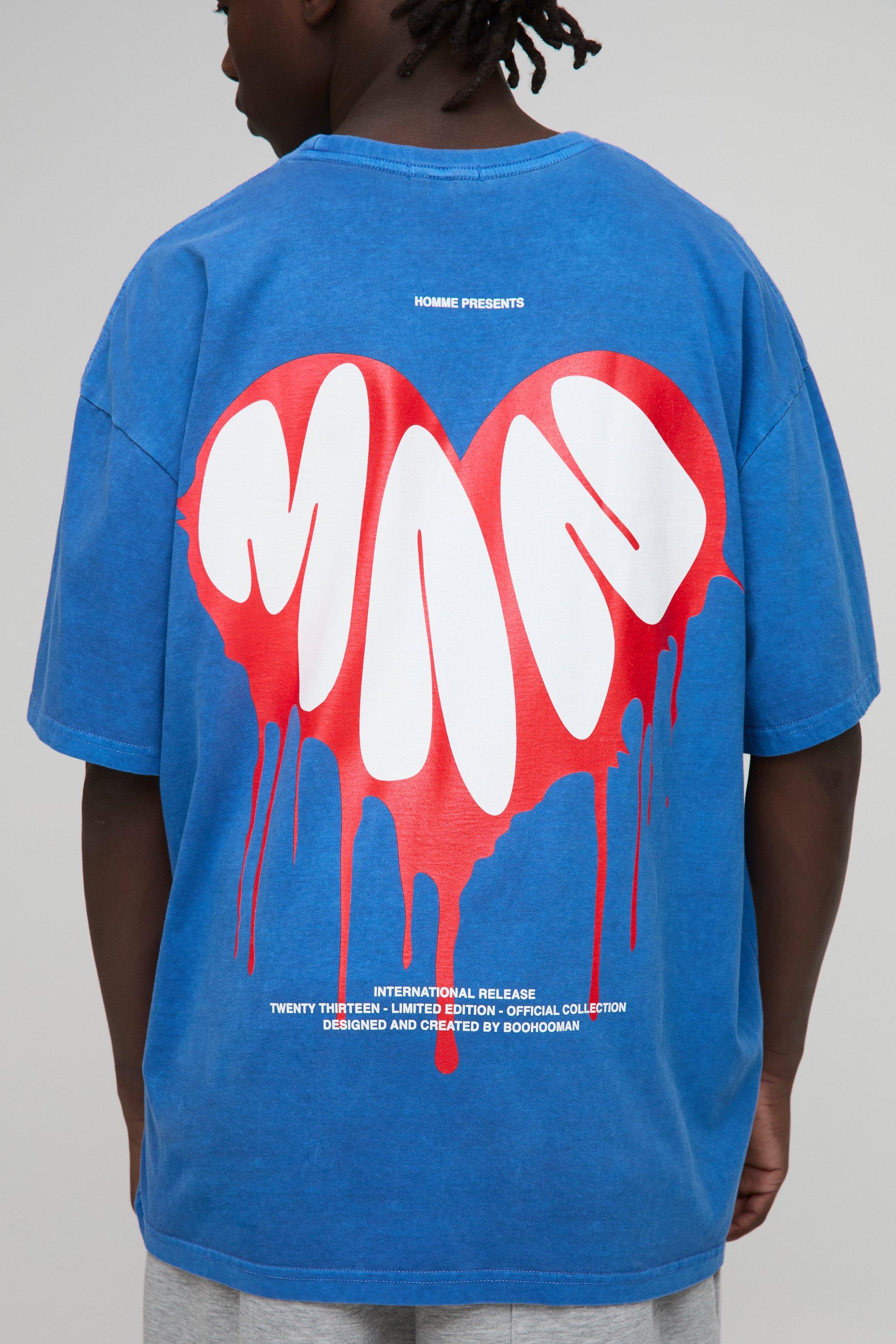 Mens Navy Oversized Washed Man Heart Drip Printed T-Shirt, Navy