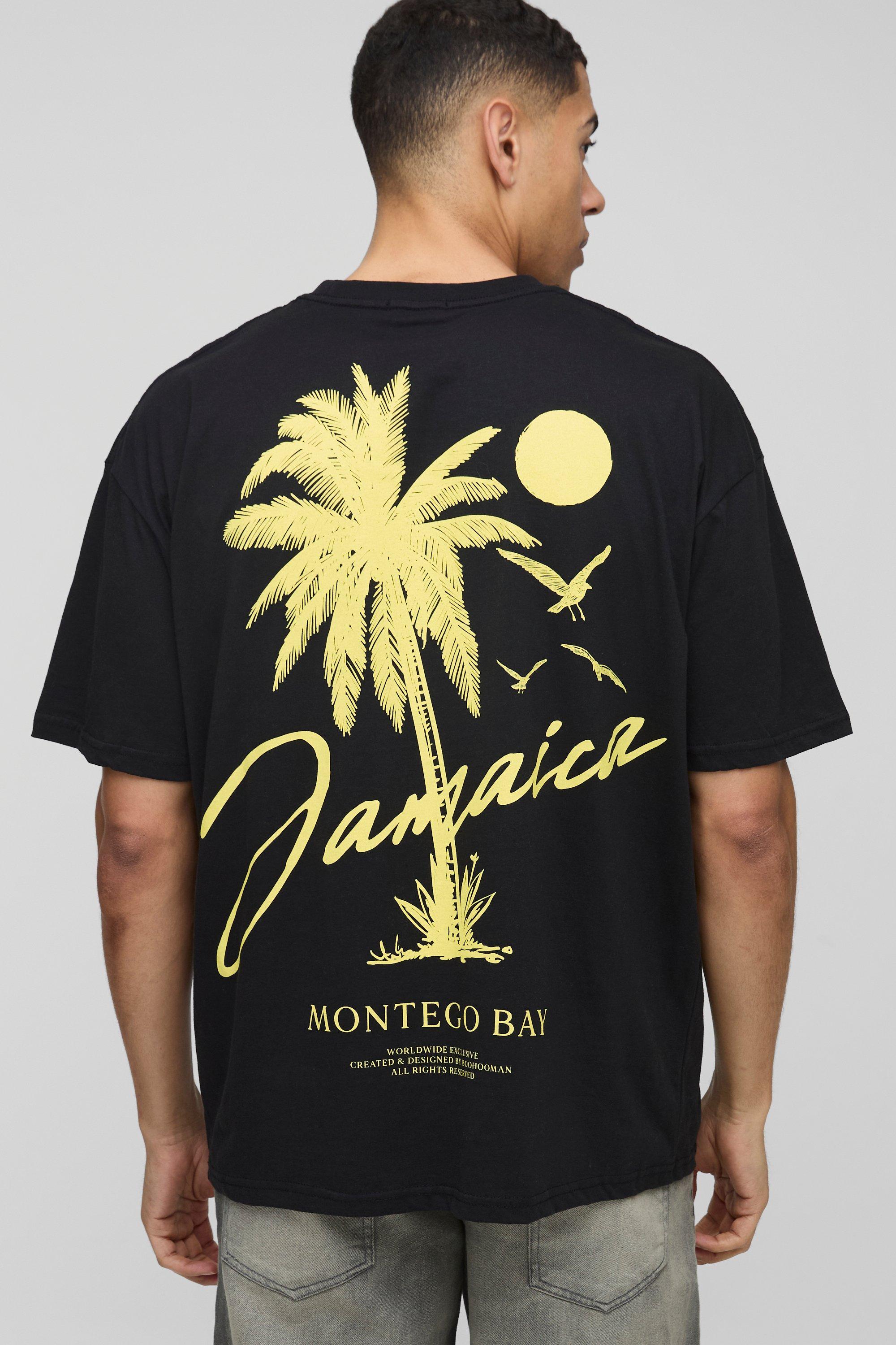 Mens Black Oversized Jamaica Palm Print T-Shirt, Black