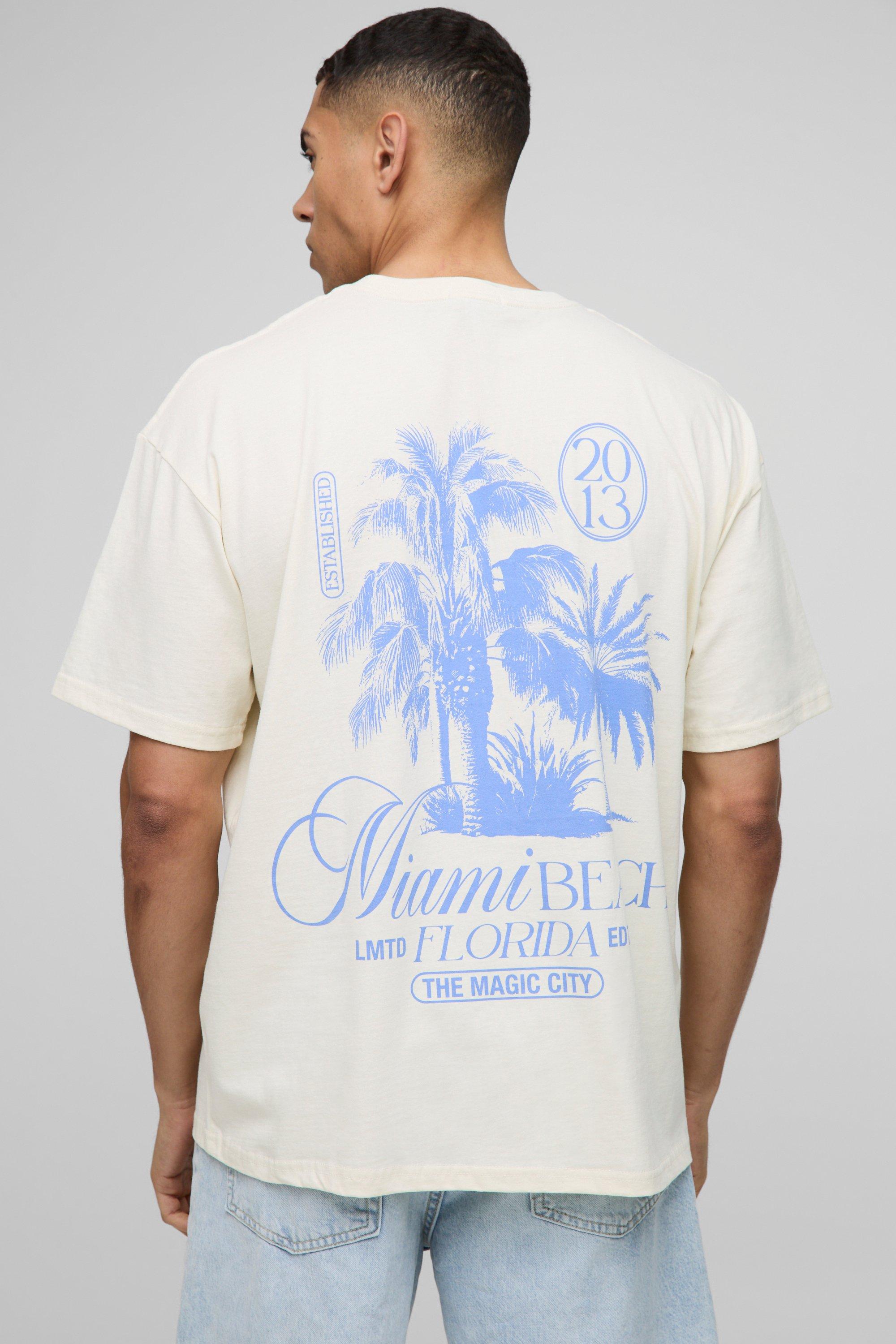 Mens Cream Oversized Miami Beach Palm Printed T-Shirt, Cream