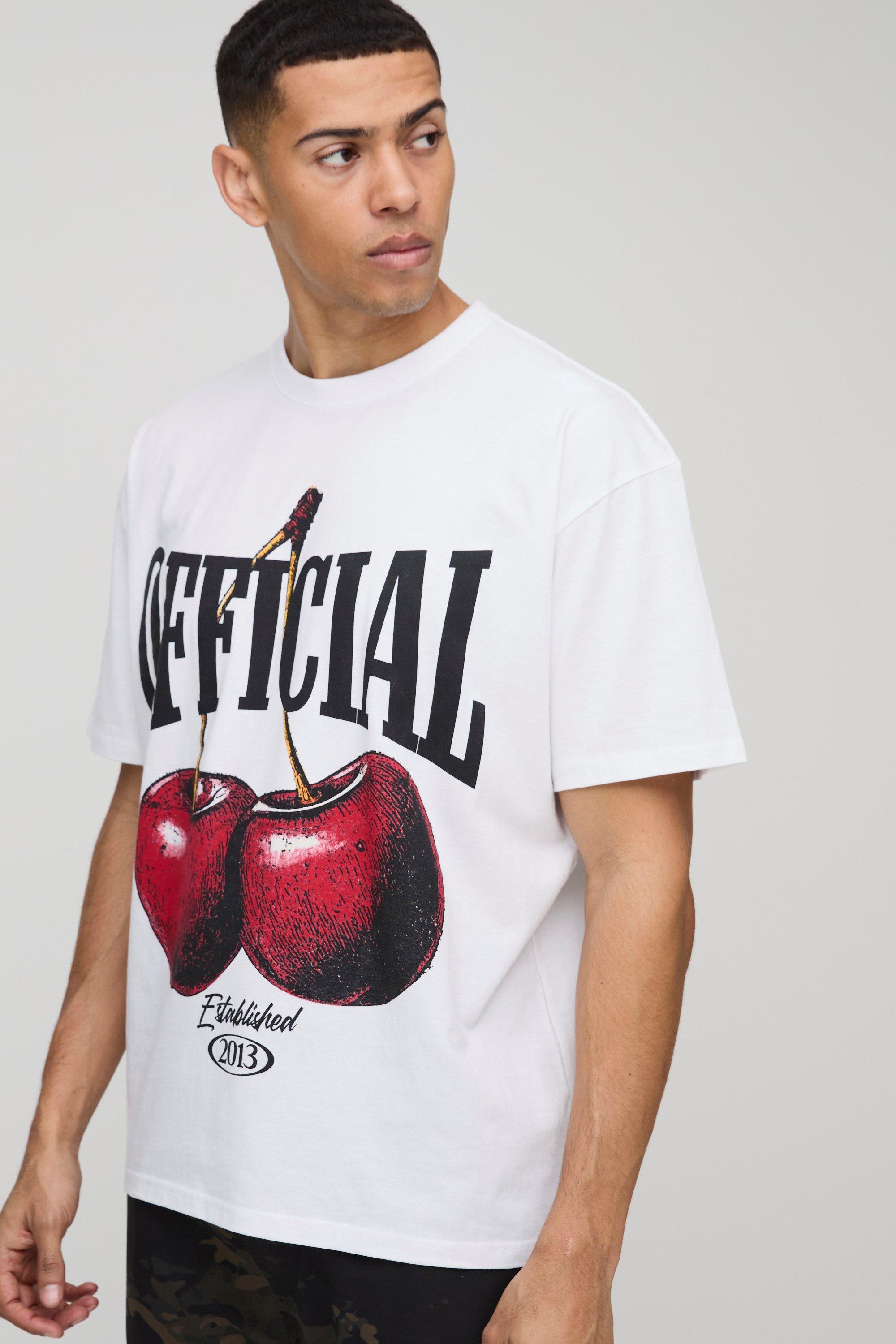 Mens White Oversized Official Cherry Printed T-Shirt, White