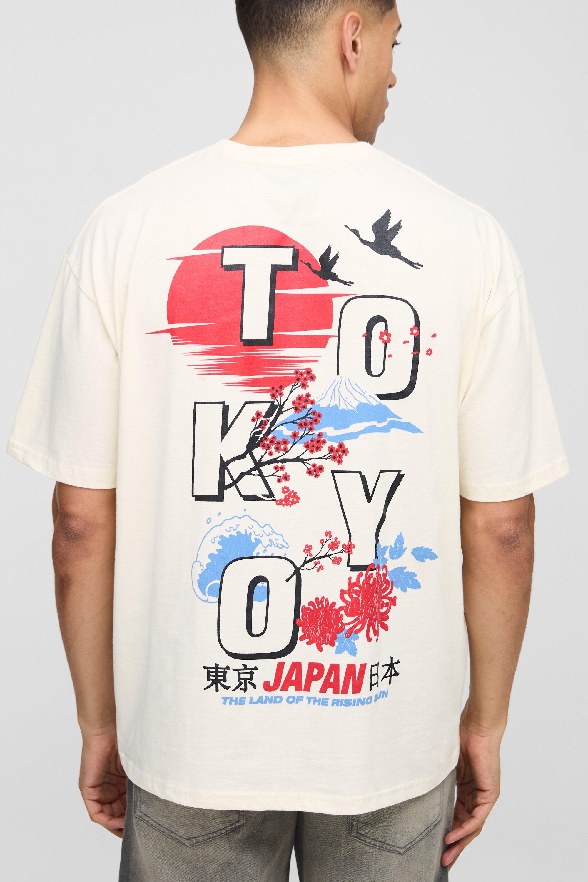 Mens Cream Oversized Tokyo Printed T-Shirt, Cream