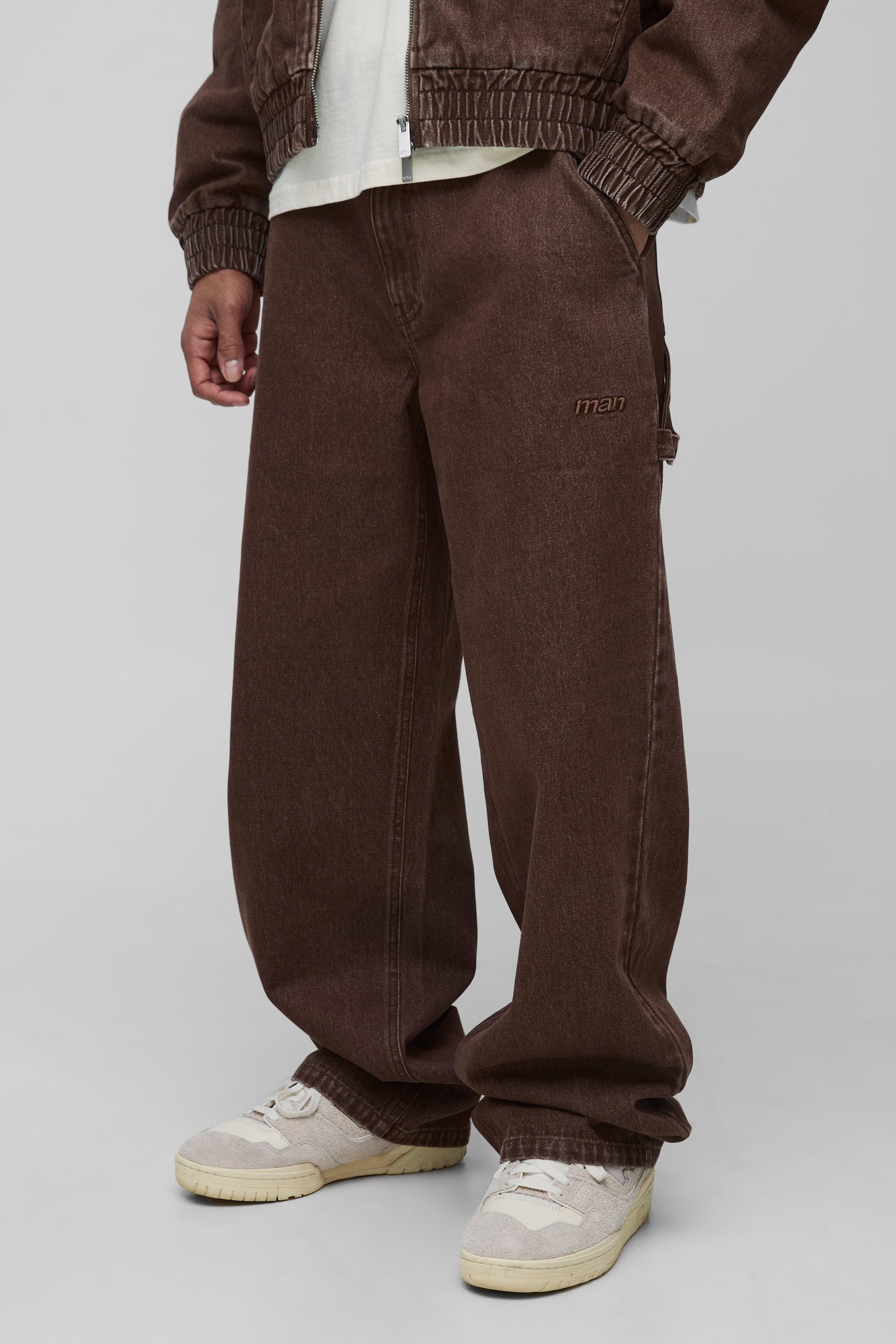 Mens Brown Relaxed Fit Carpenter Washed Twill Trousers, Brown