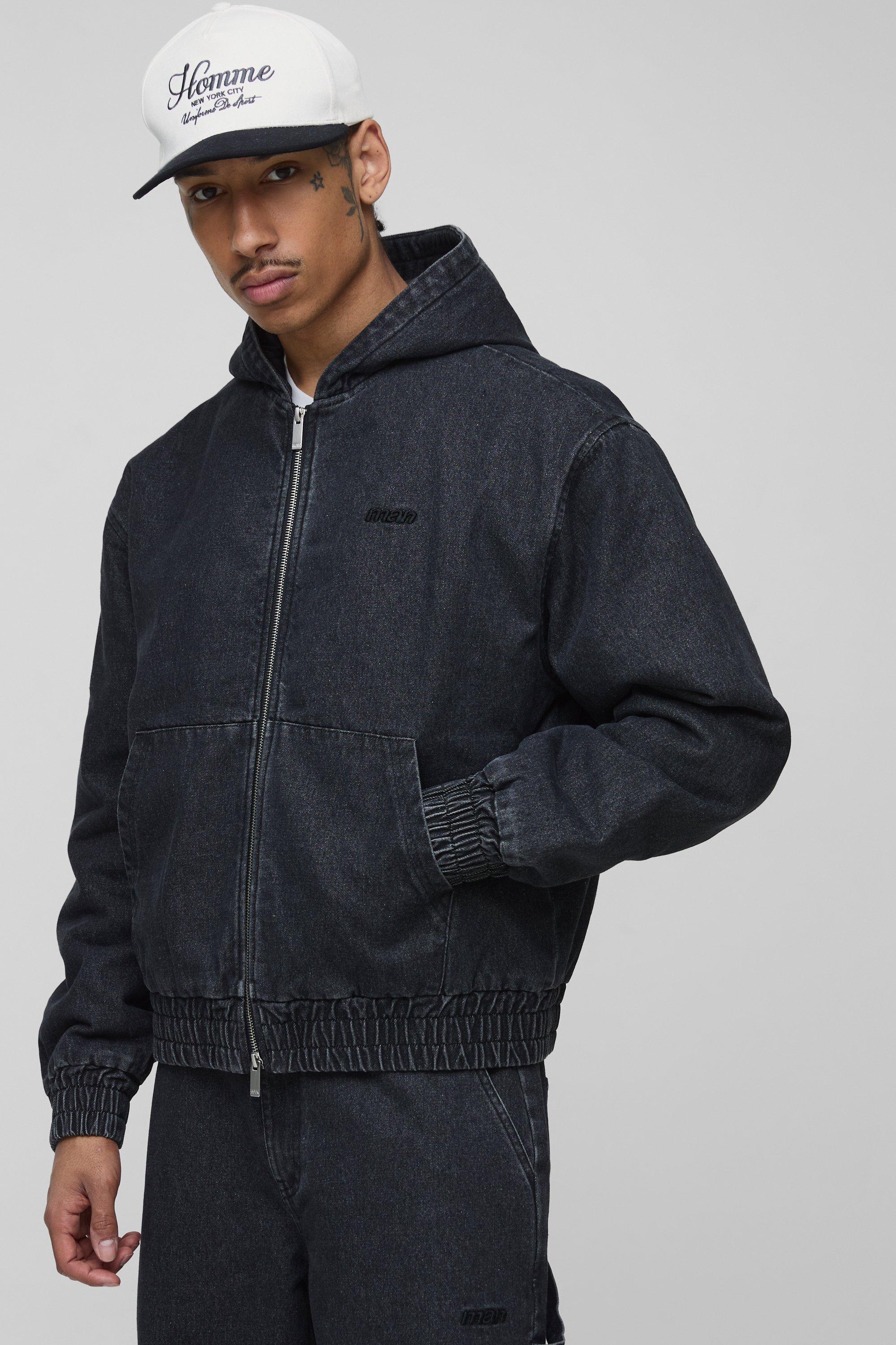 Mens Black Boxy Fit Padded Washed Twill Hooded Bomber Jacket, Black