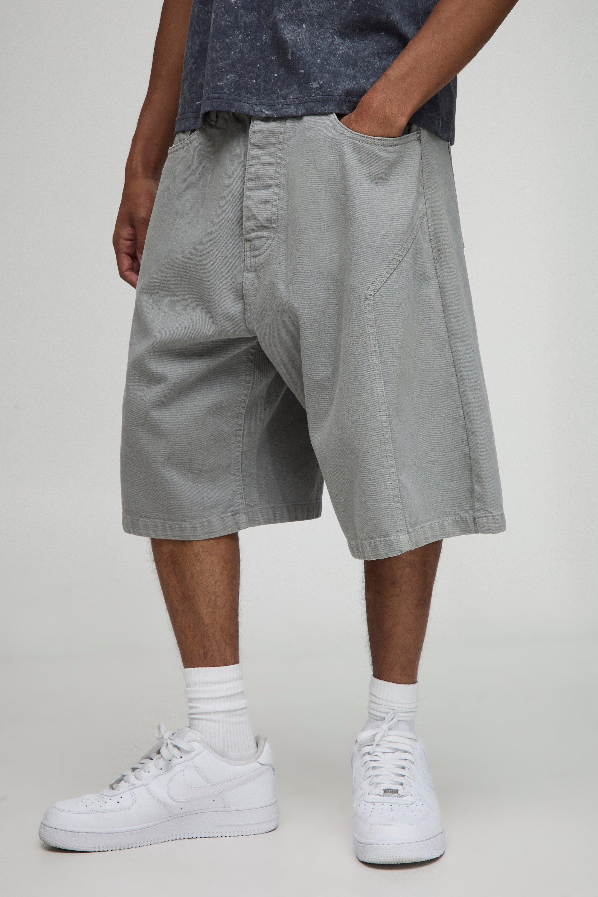Image of Pantaloncini in denim paracadutisti colorati con applique, Grigio