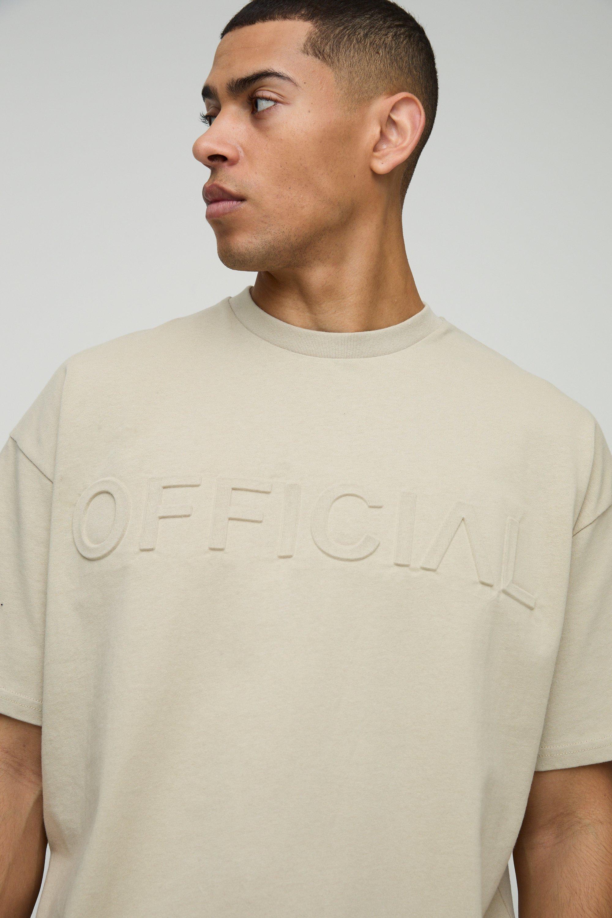 Mens Beige Oversized Heavyweight Official Embossed T-Shirt, Beige