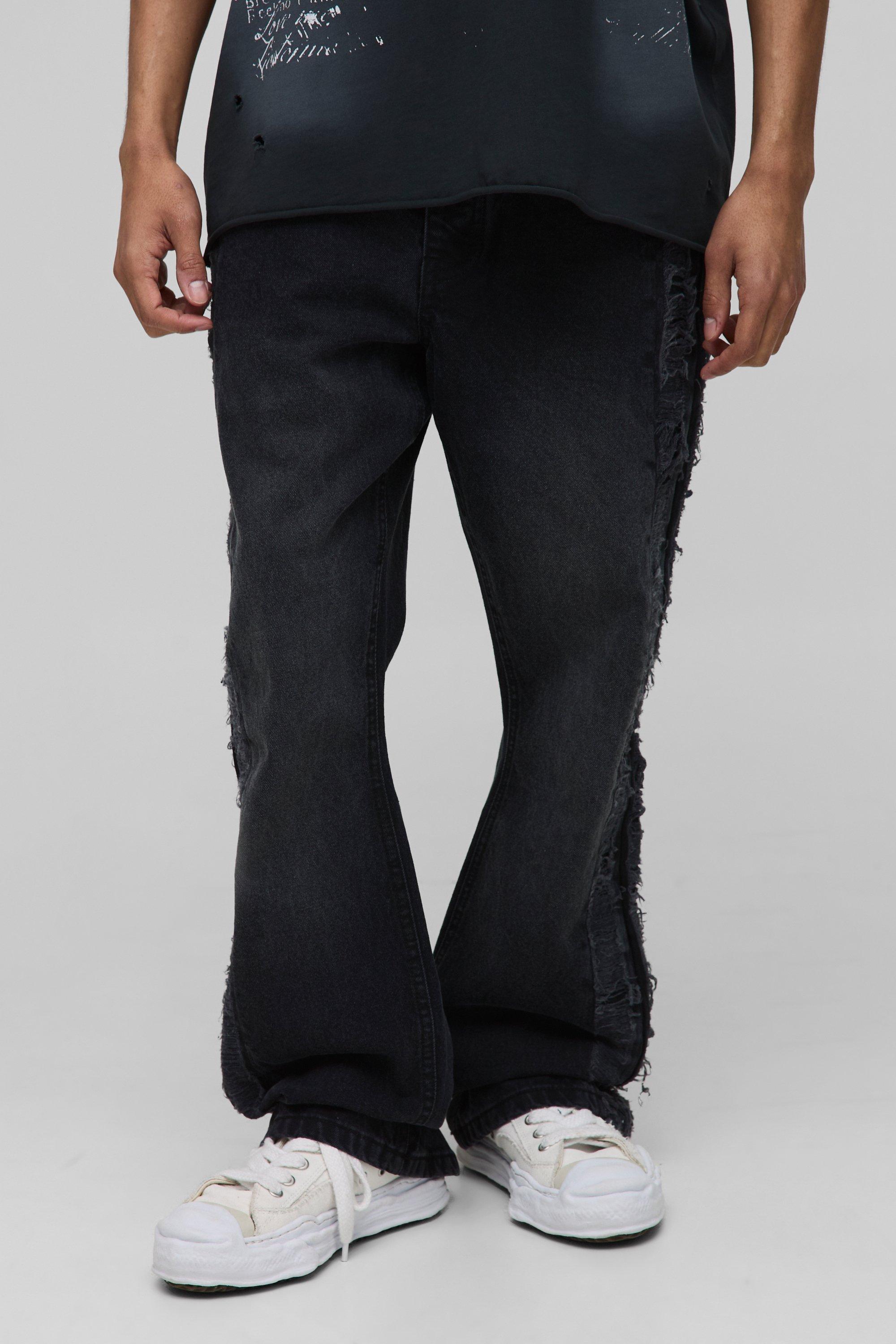 Image of Slim Flared Washed Charcoal Extreme Ripped Jeans, Grigio