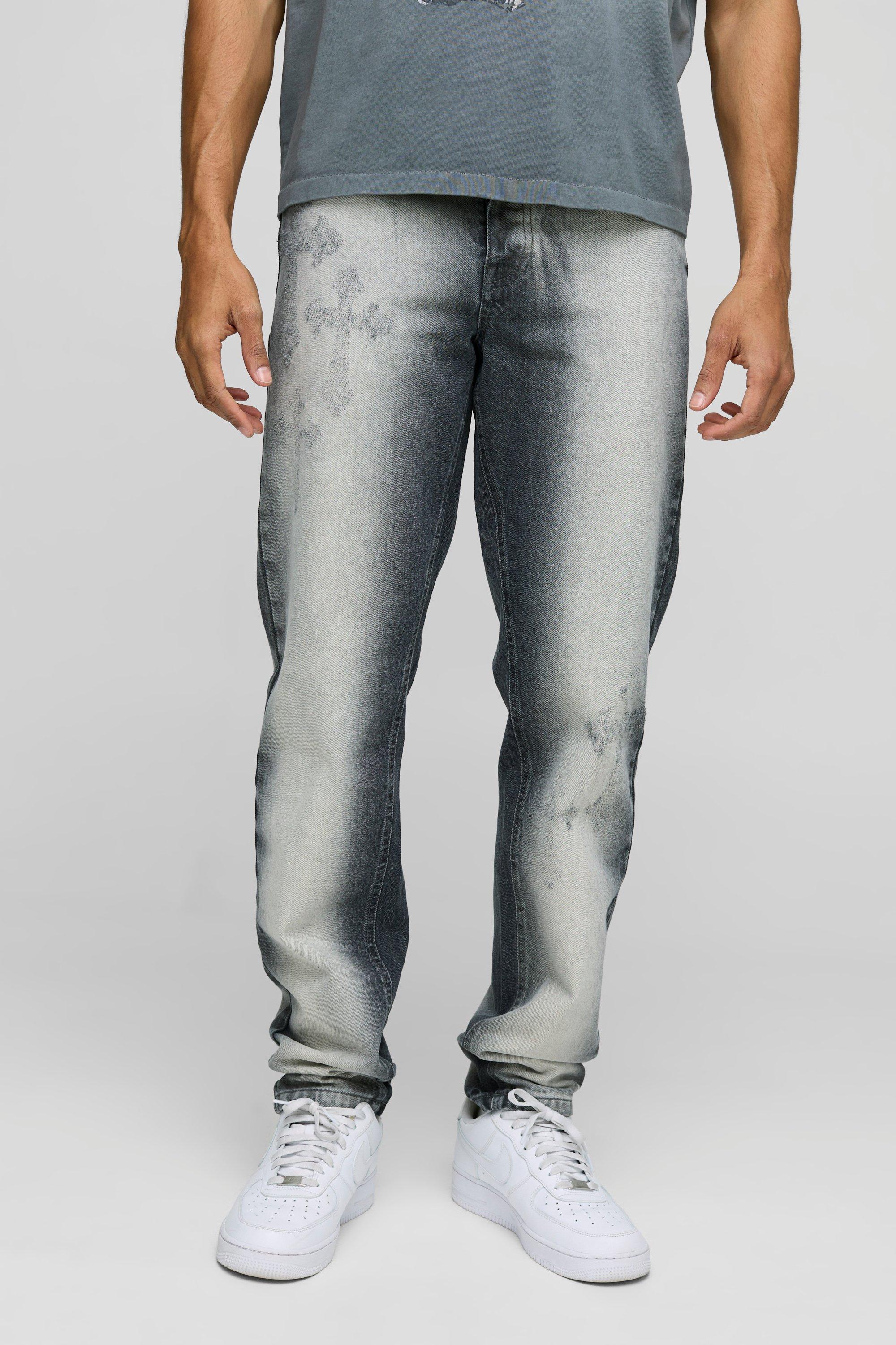 Image of Slim Stacked Washed Distressed Cross Jeans, Grigio