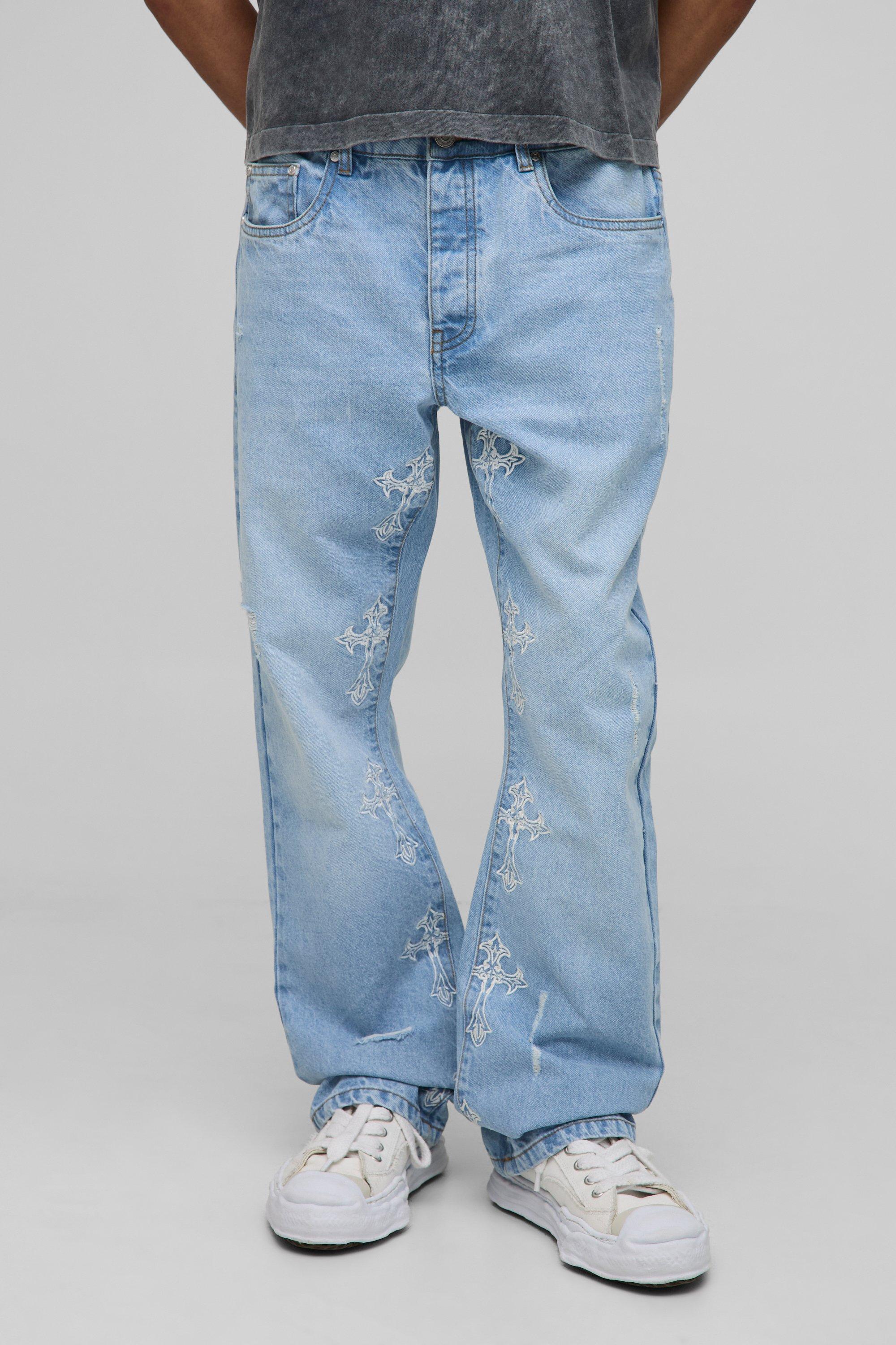 Image of Slim Flared Distressed Cross Gusset Embroidered Jeans, Azzurro