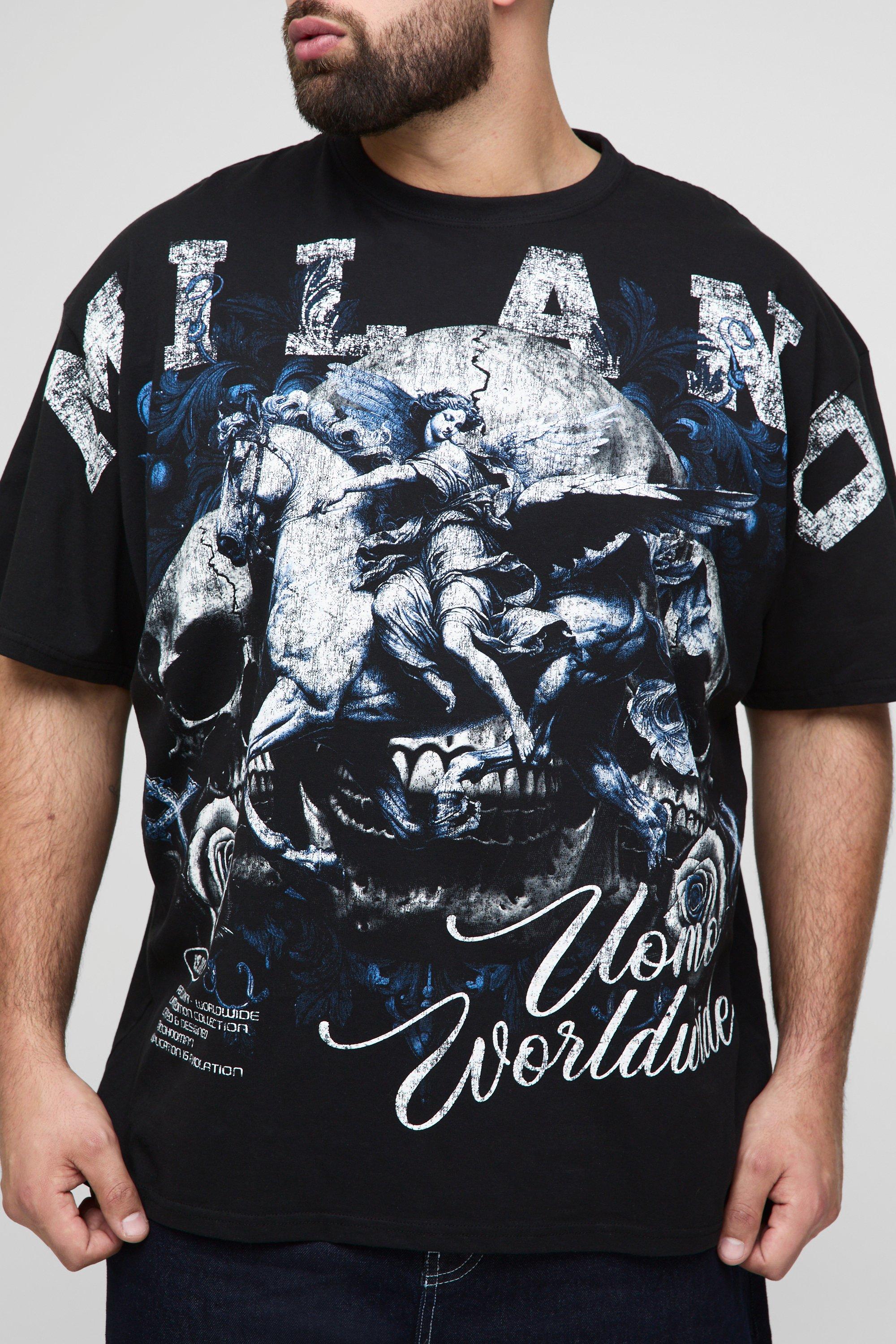 Mens Black Plus Oversized Milano Renaissance Skull Over The Seam Print T-Shirt, Black