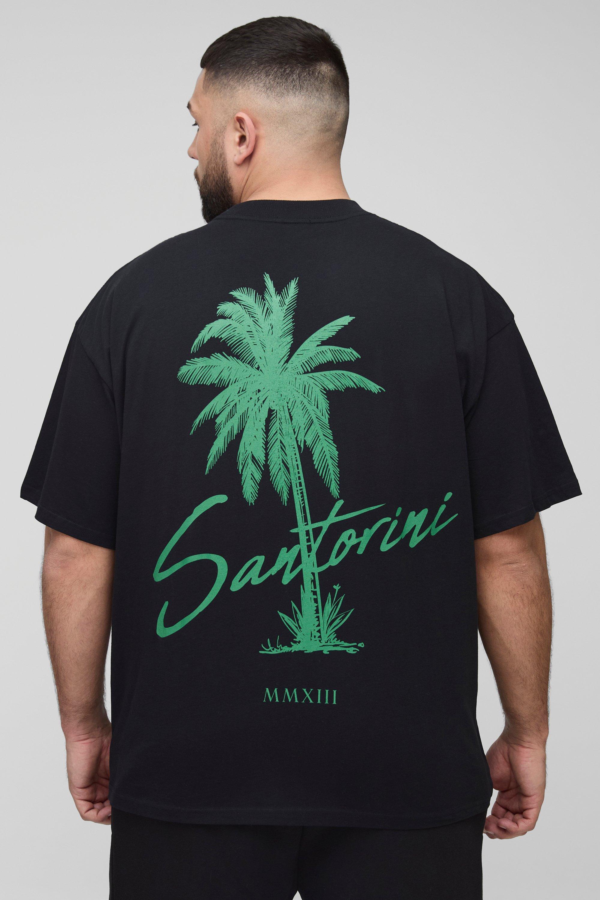 Mens Black Plus Oversized Extended Neck Santorini Palm Print Landscape T-Shirt, Black
