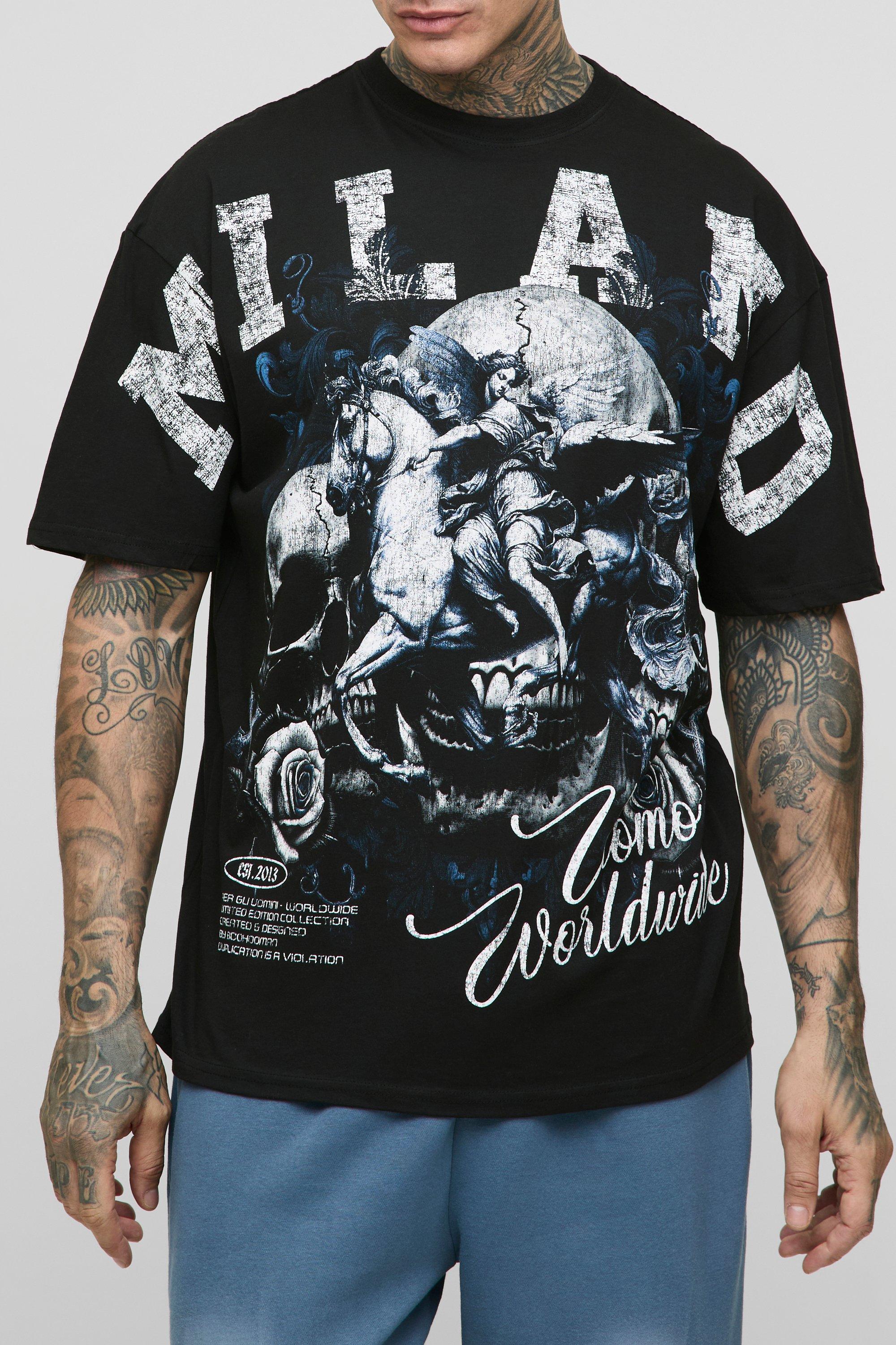 Mens Black Tall Oversized Milano Renaissance Skull Over The Seam Print T-Shirt, Black