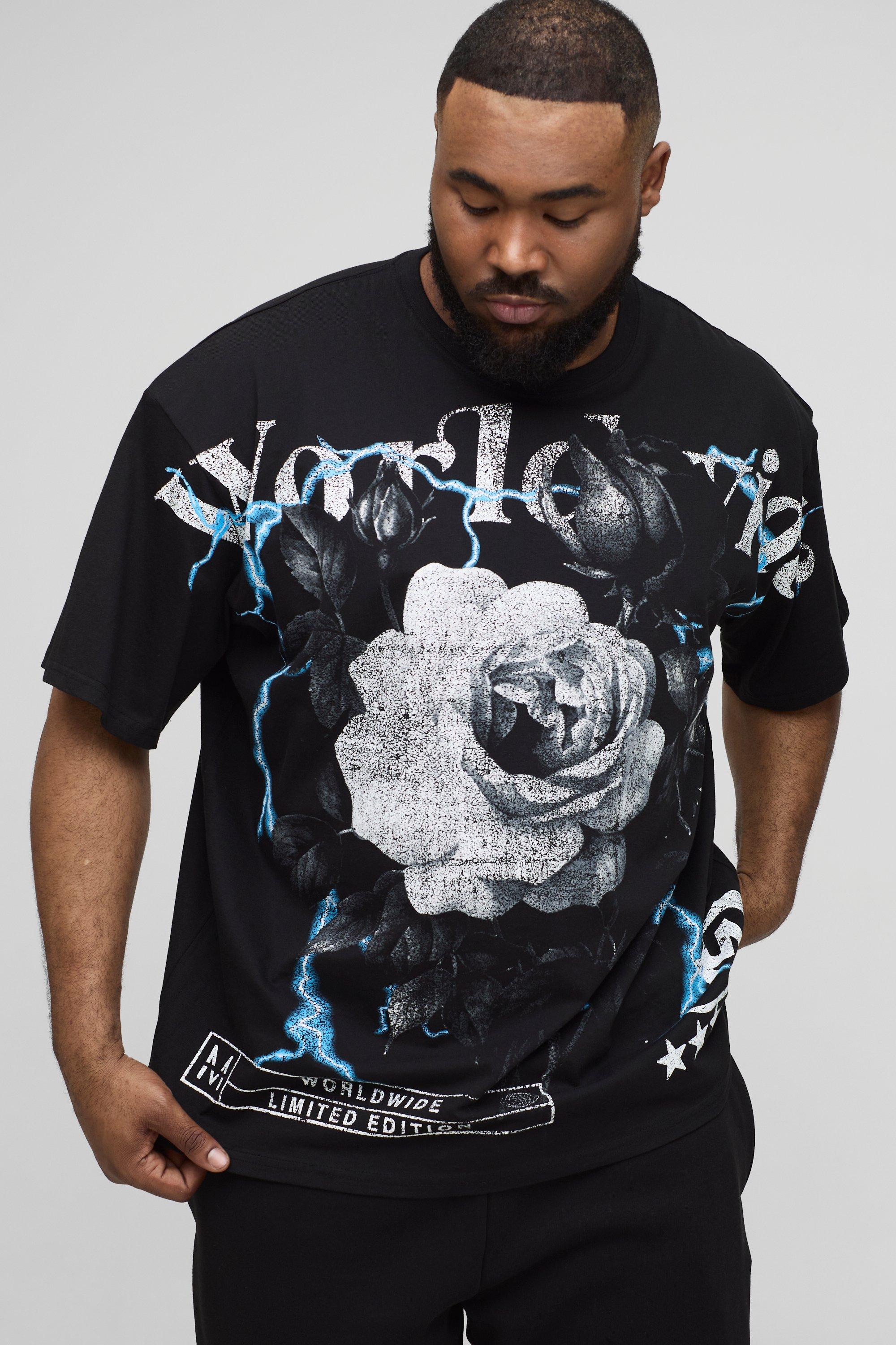 Mens Black Plus Oversized Worldwide Floral Over The Seam Print T-Shirt, Black