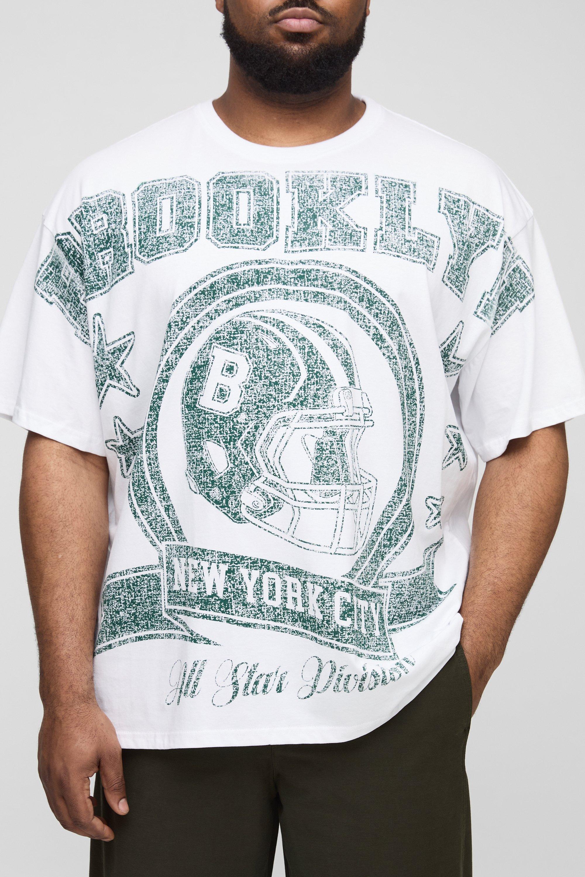 Mens White Plus Oversized Brooklyn Over The Seam Varsity Print T-Shirt, White