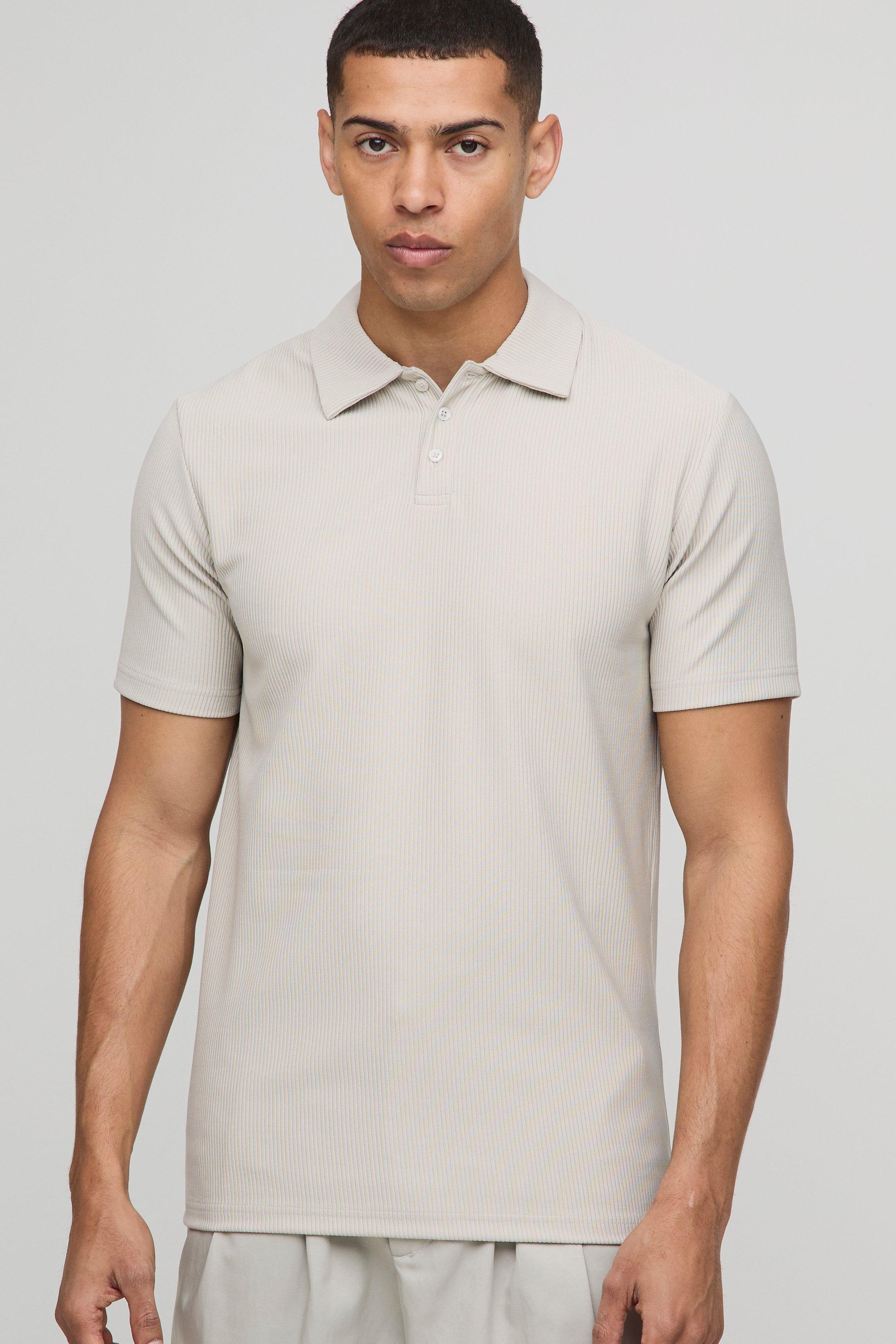 Mens Beige Slim Rib Ottoman Polo, Beige