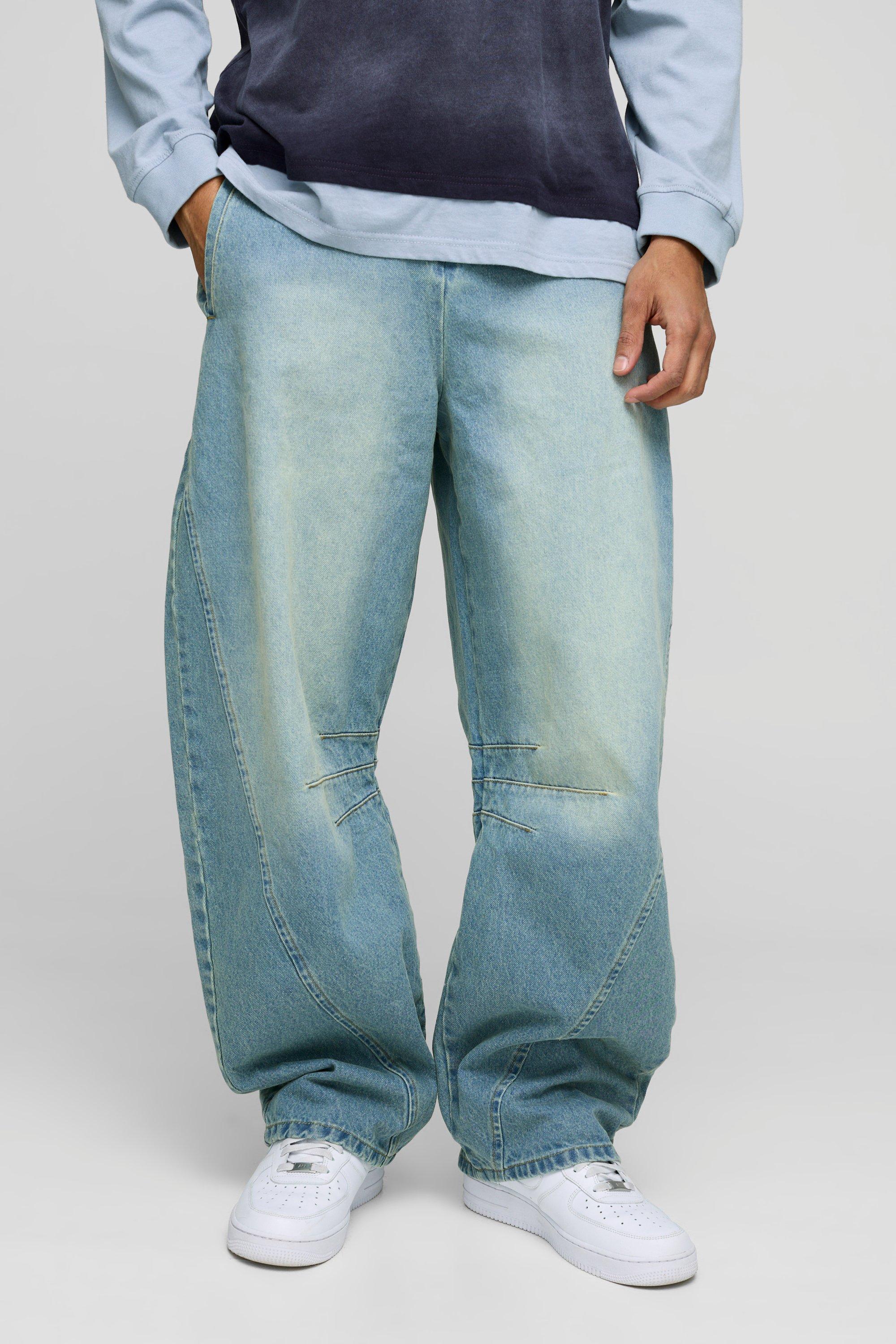 Boohoo Super Baggy Blue Washed Paneled Jeans, Light Blue