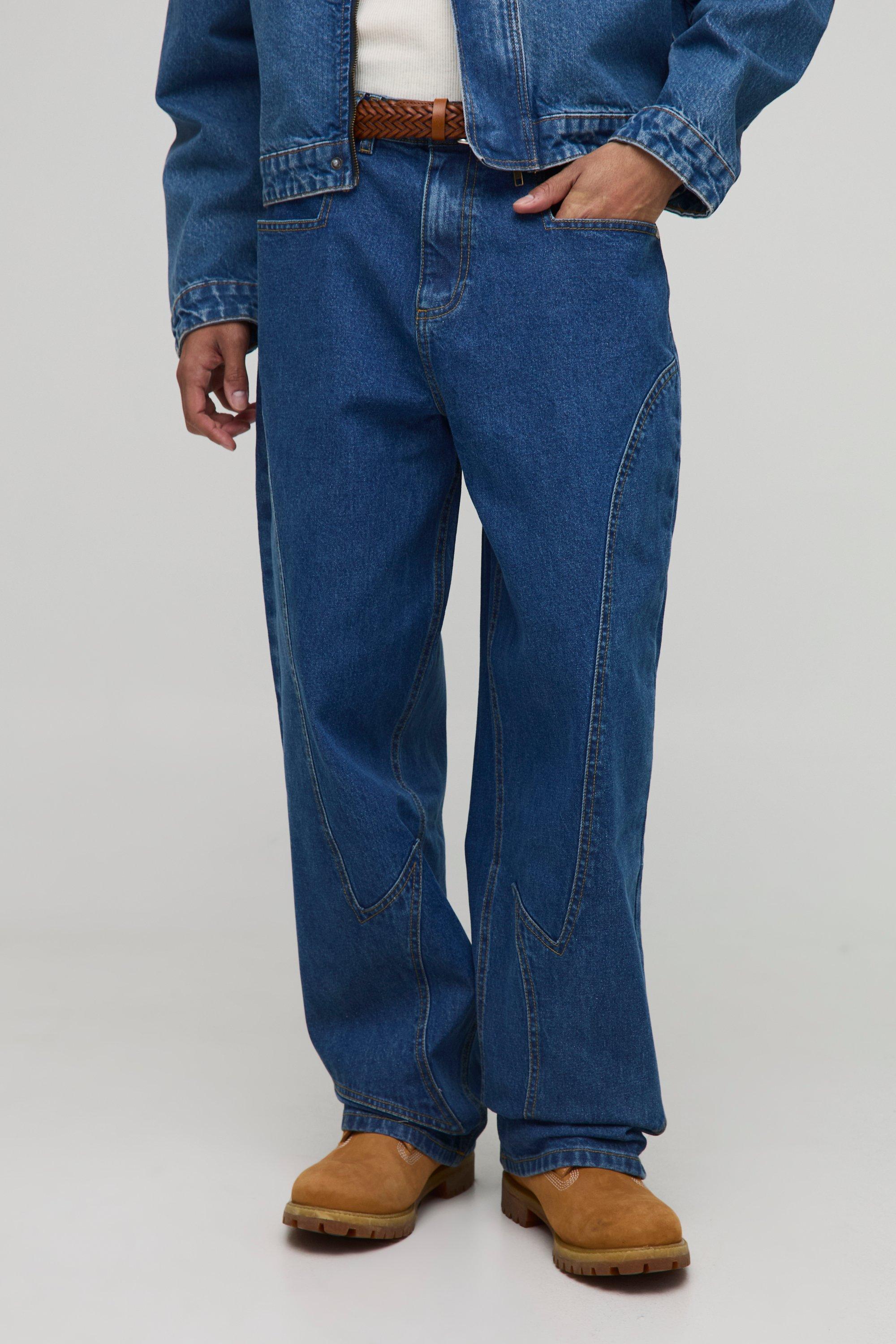 Boohoo Baggy Blue Washed Paneled Jeans, Mid Blue