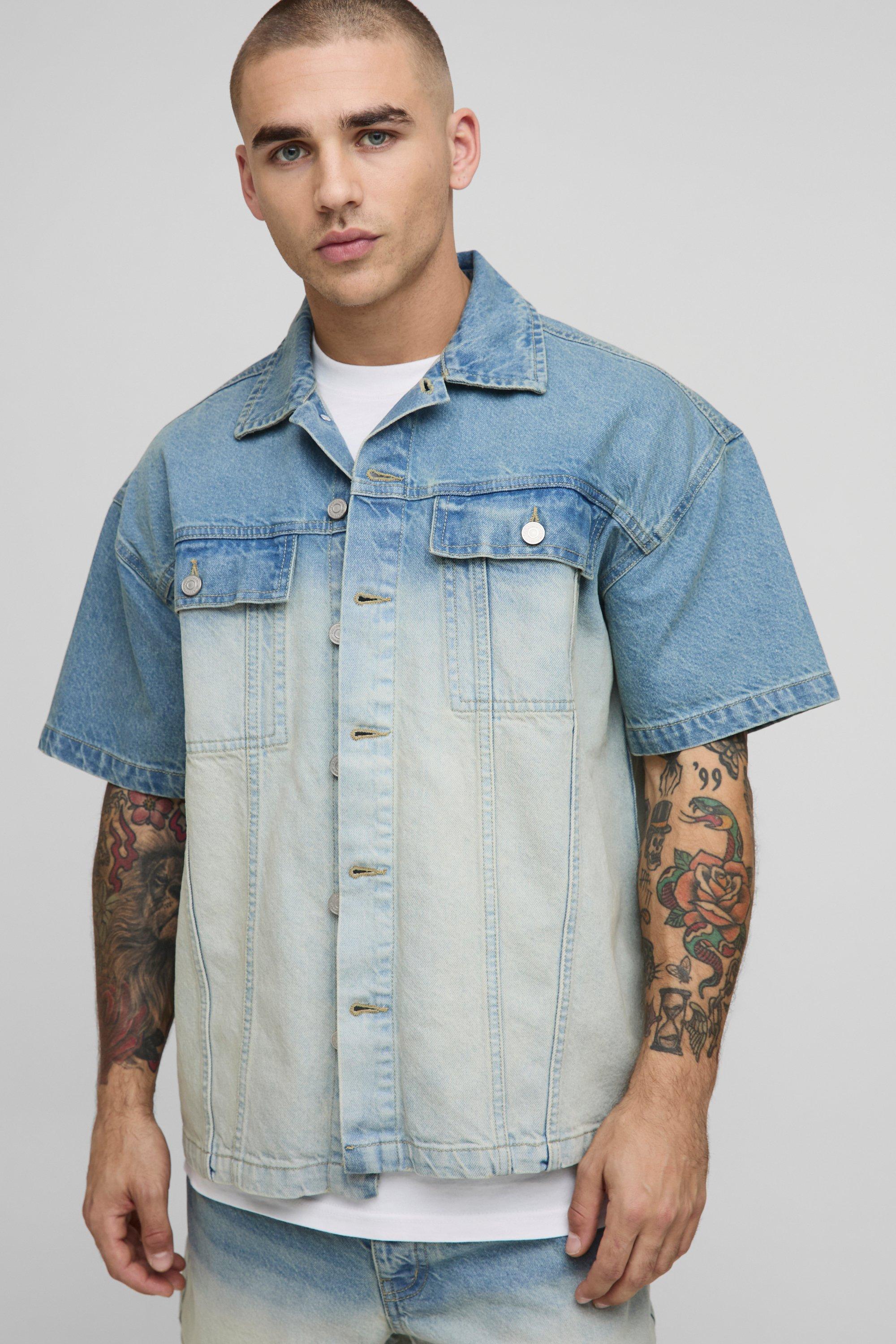 Mens Blue 3/4 Sleeve Boxy Stone Washed Panelled Denim Shirt, Blue
