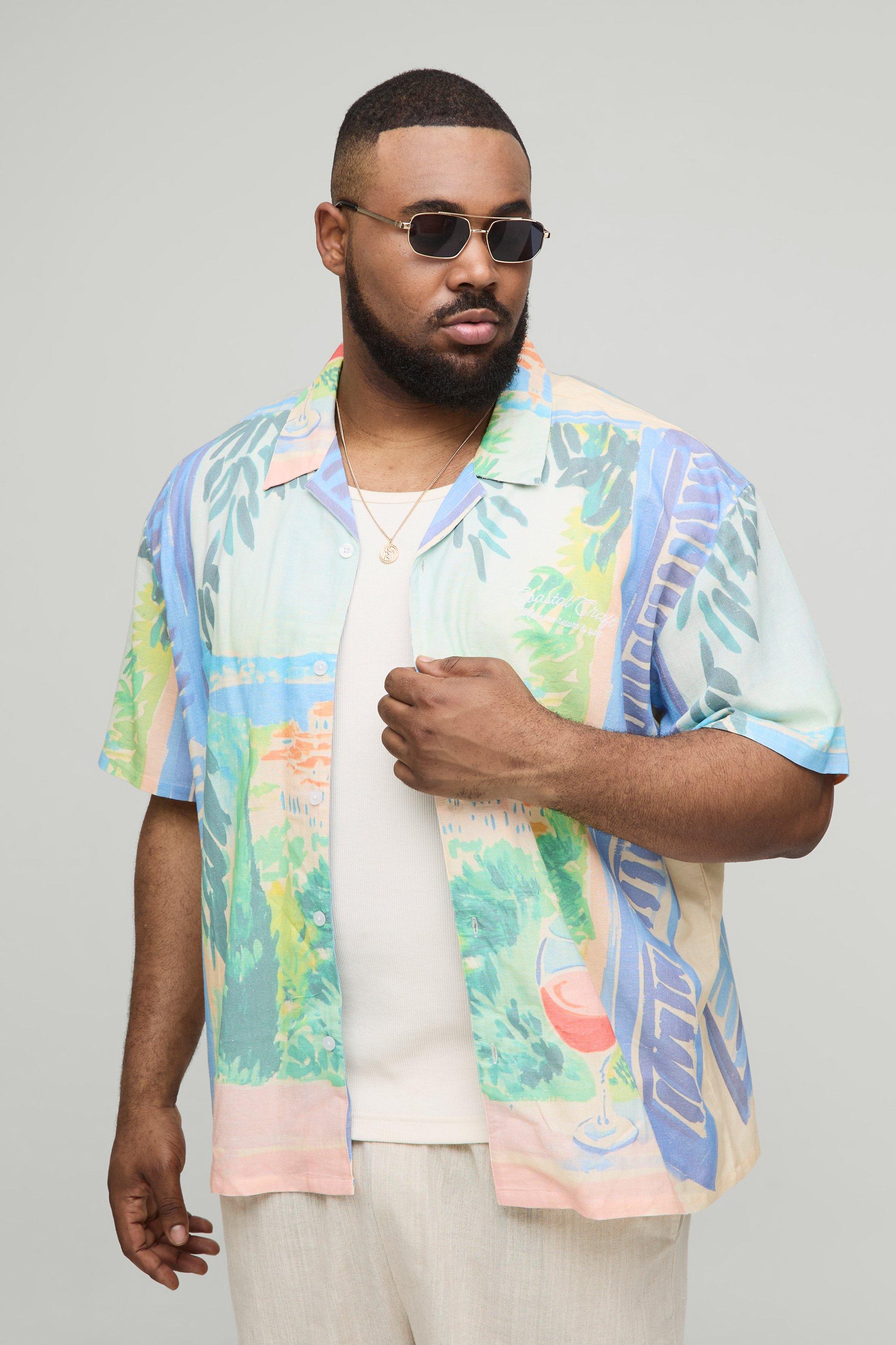 Mens Blue Plus Oversized Scenic Graphic Linen Blend Shirt, Blue