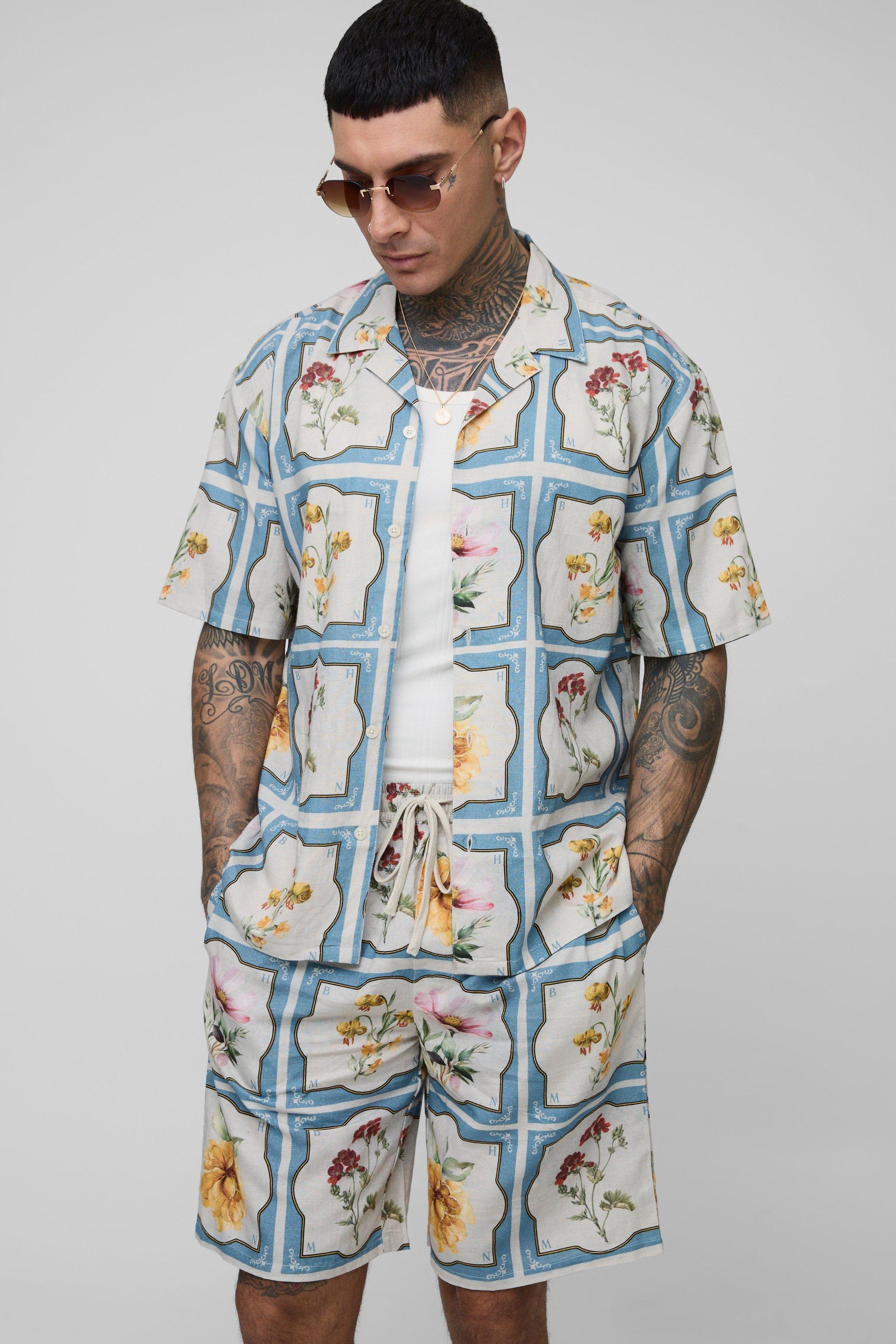 Mens Multi Tall Oversized Floral Linen Blend Shirt & Short Set, Multi