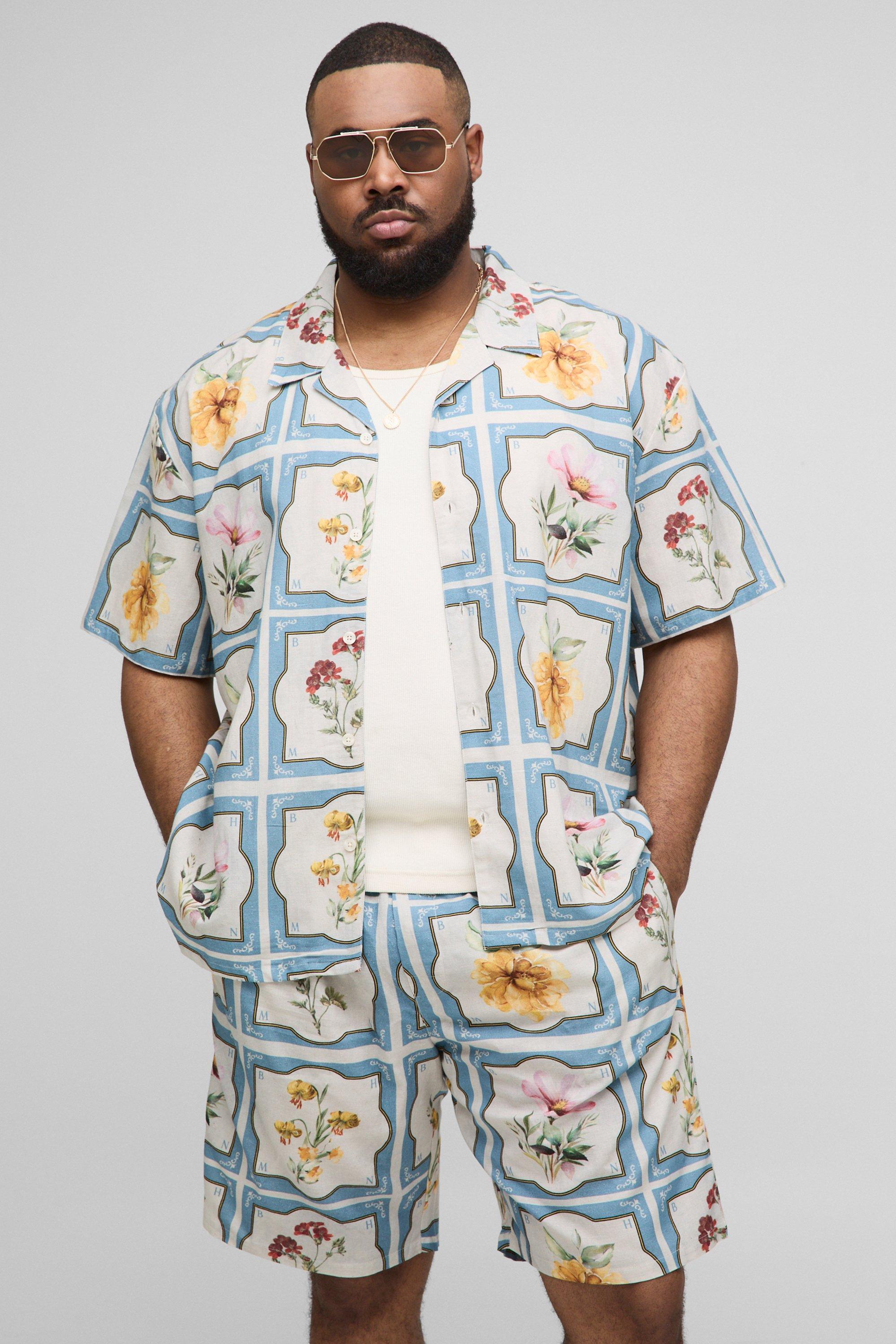 Mens Multi Plus Oversized Floral Linen Blend Shirt & Short Set, Multi