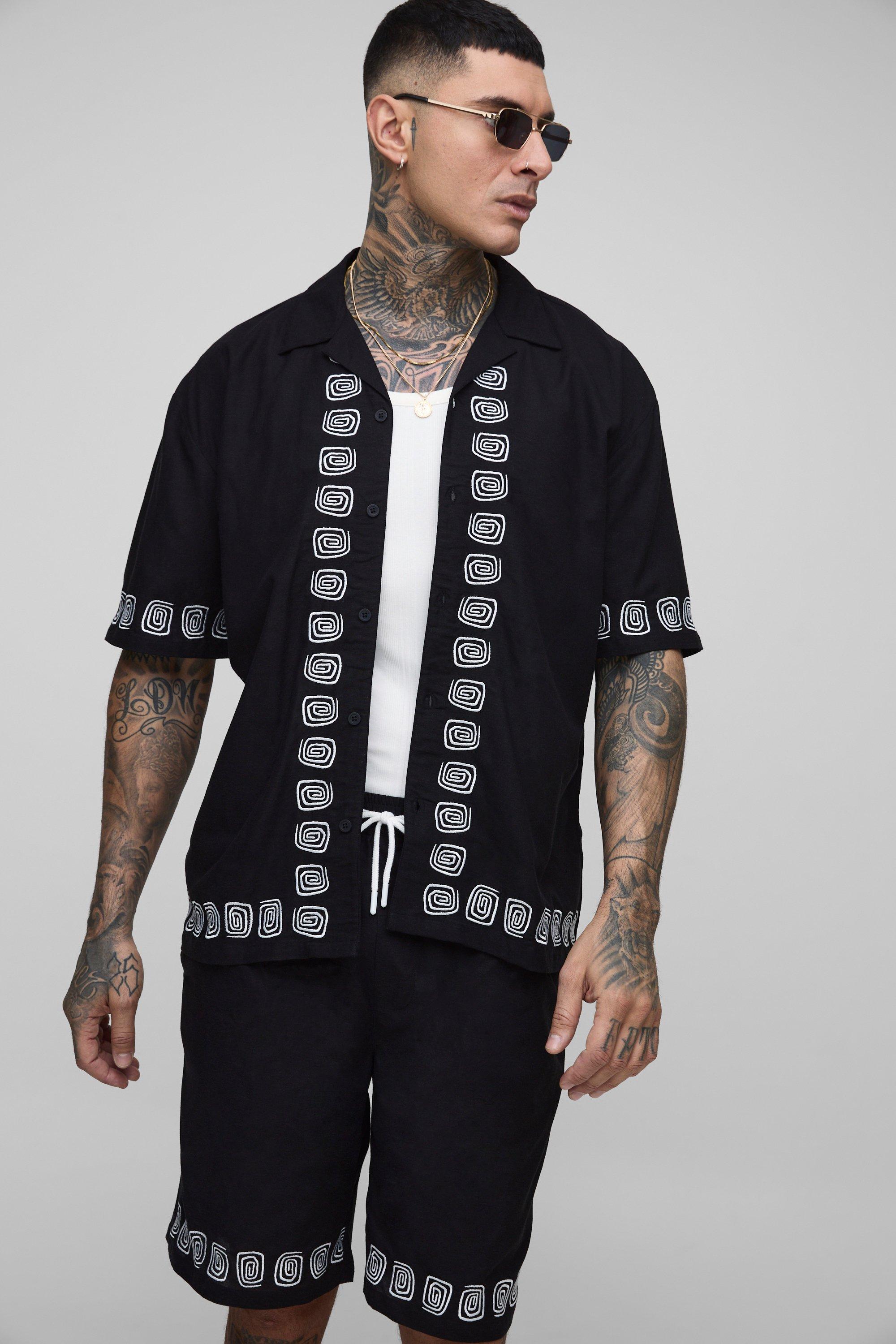 Mens Black Tall Oversized Embroidery Linen Blend Shirt & Short Set, Black