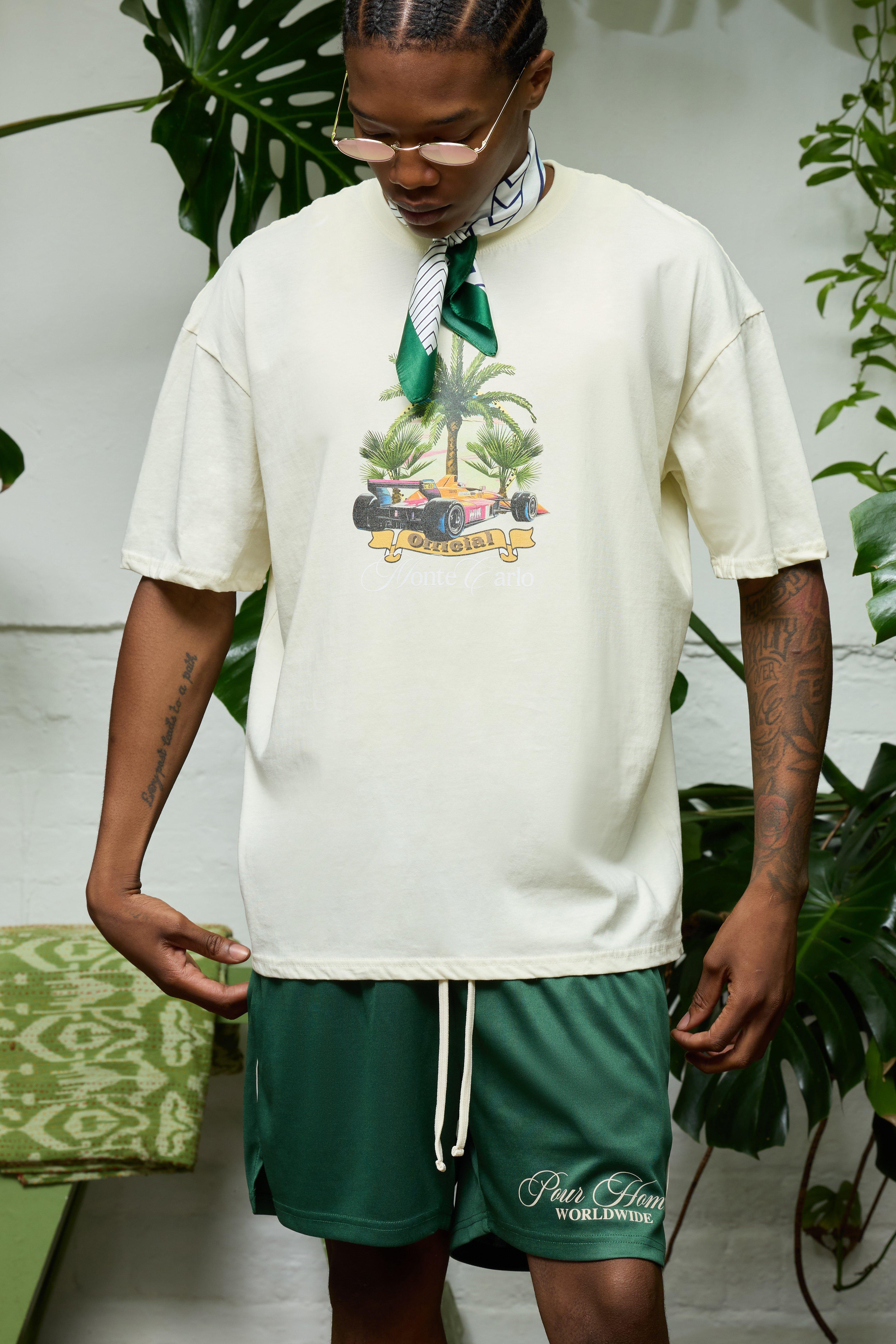 Image of T-shirt oversize con stampa Monte Carlo di palme, Cream