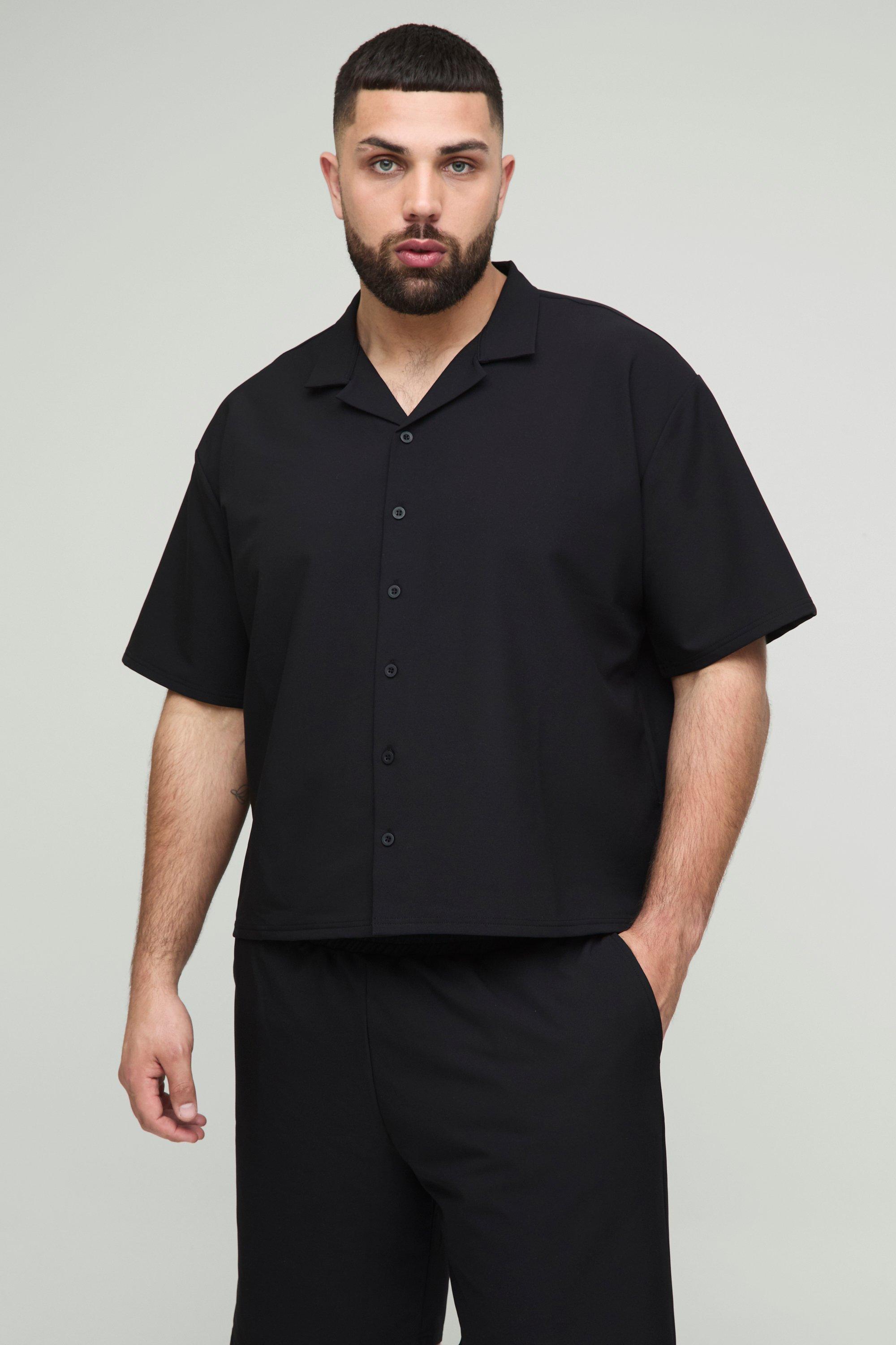 Mens Black Plus Oversized Boxy Technical Stretch Revere Shirt & Comfort Short Set, Black