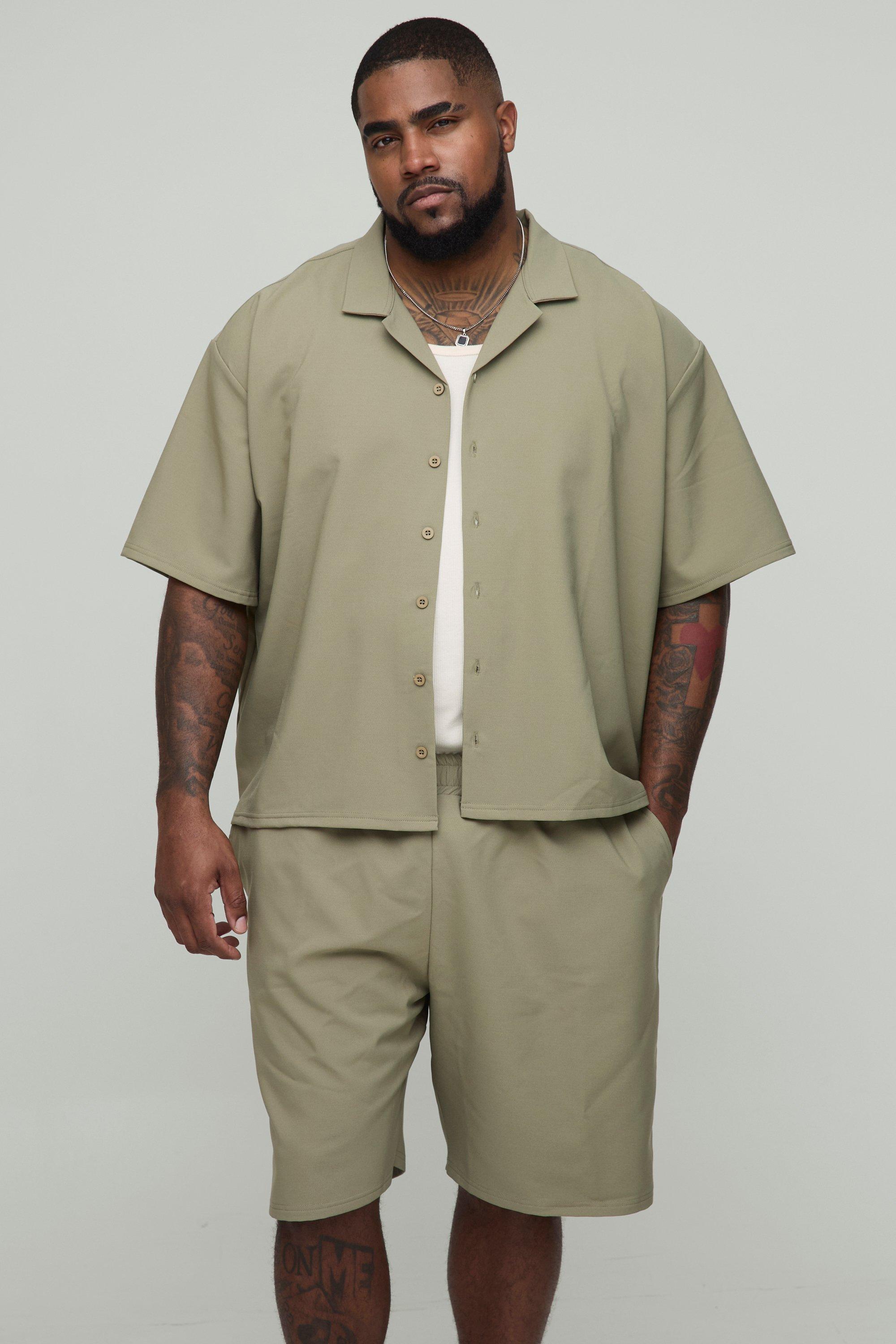 Mens Beige Plus Oversized Boxy Technical Stretch Revere Shirt & Comfort Short Set, Beige