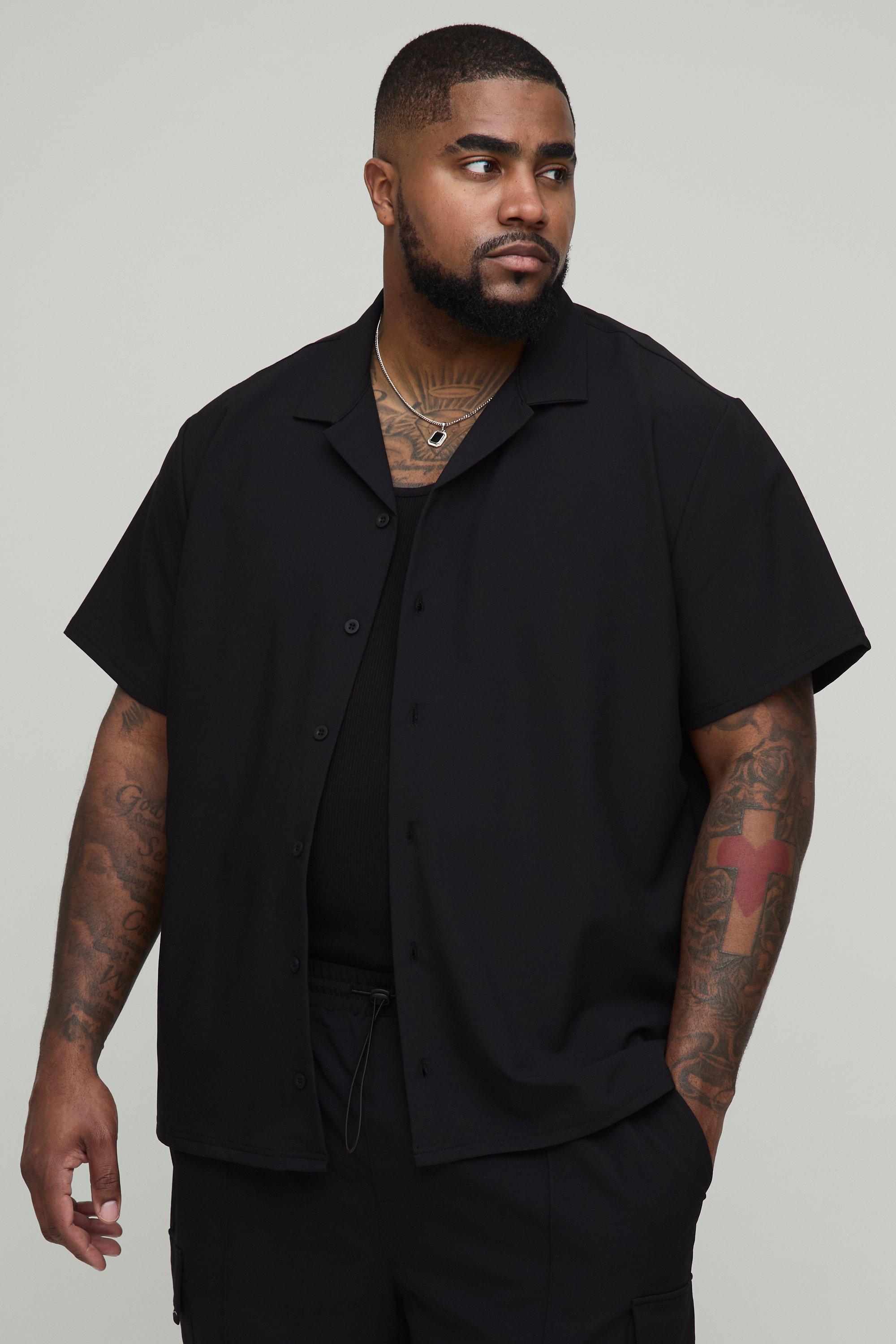 Mens Black Plus Regular Technical Stretch Revere Shirt, Black