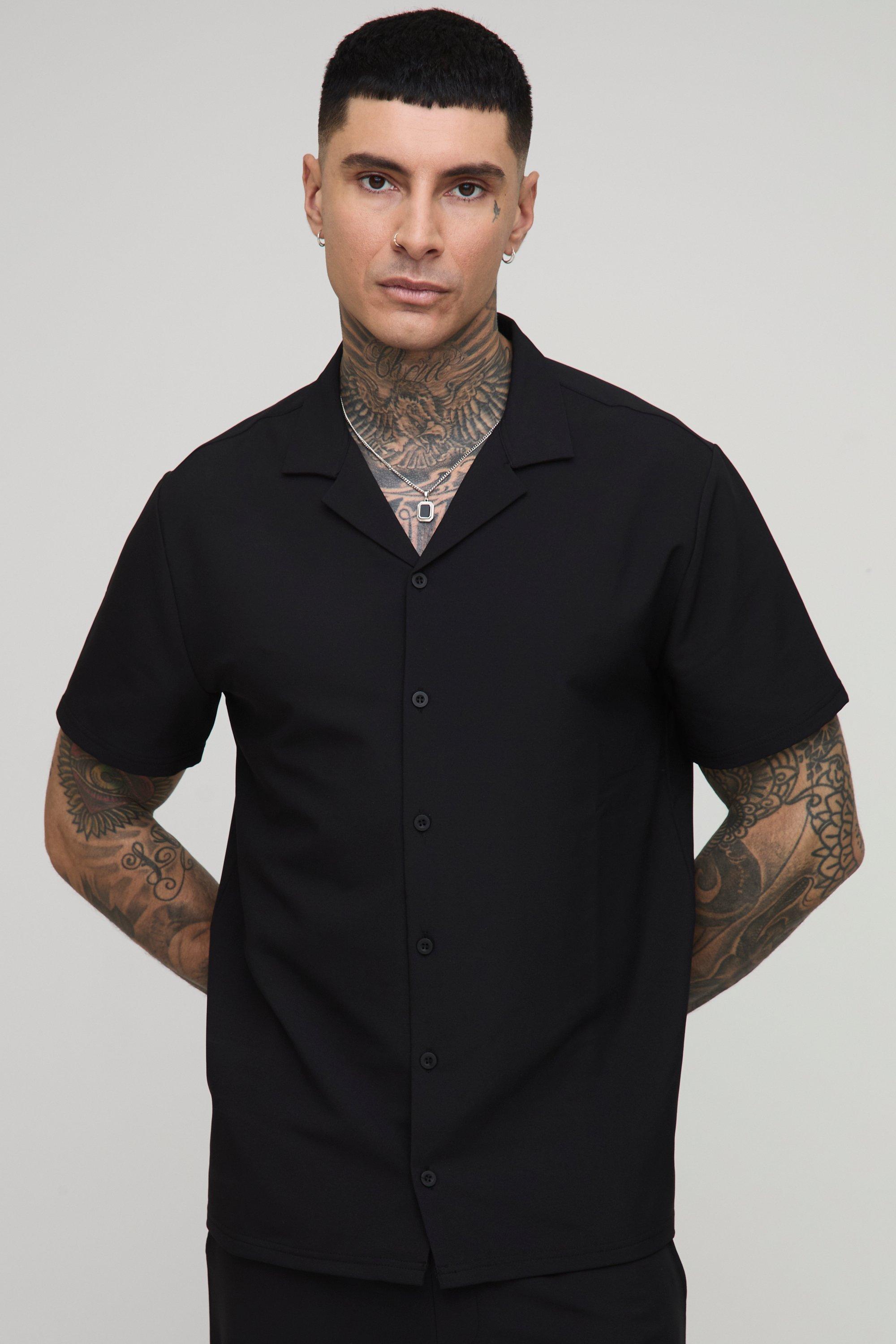 Mens Black Tall Regular Technical Stretch Revere Shirt, Black