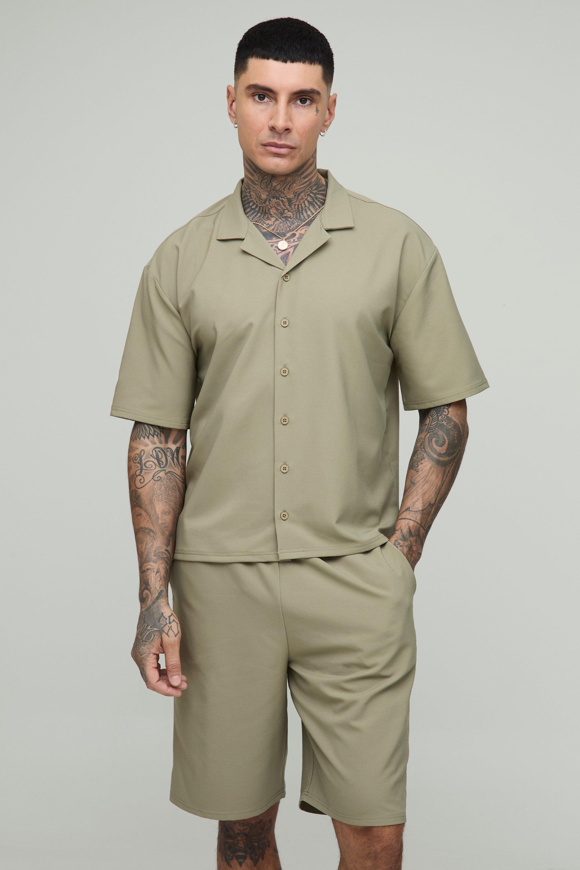 Mens Beige Tall Oversized Boxy Technical Stretch Revere Shirt & Comfort Short Set, Beige