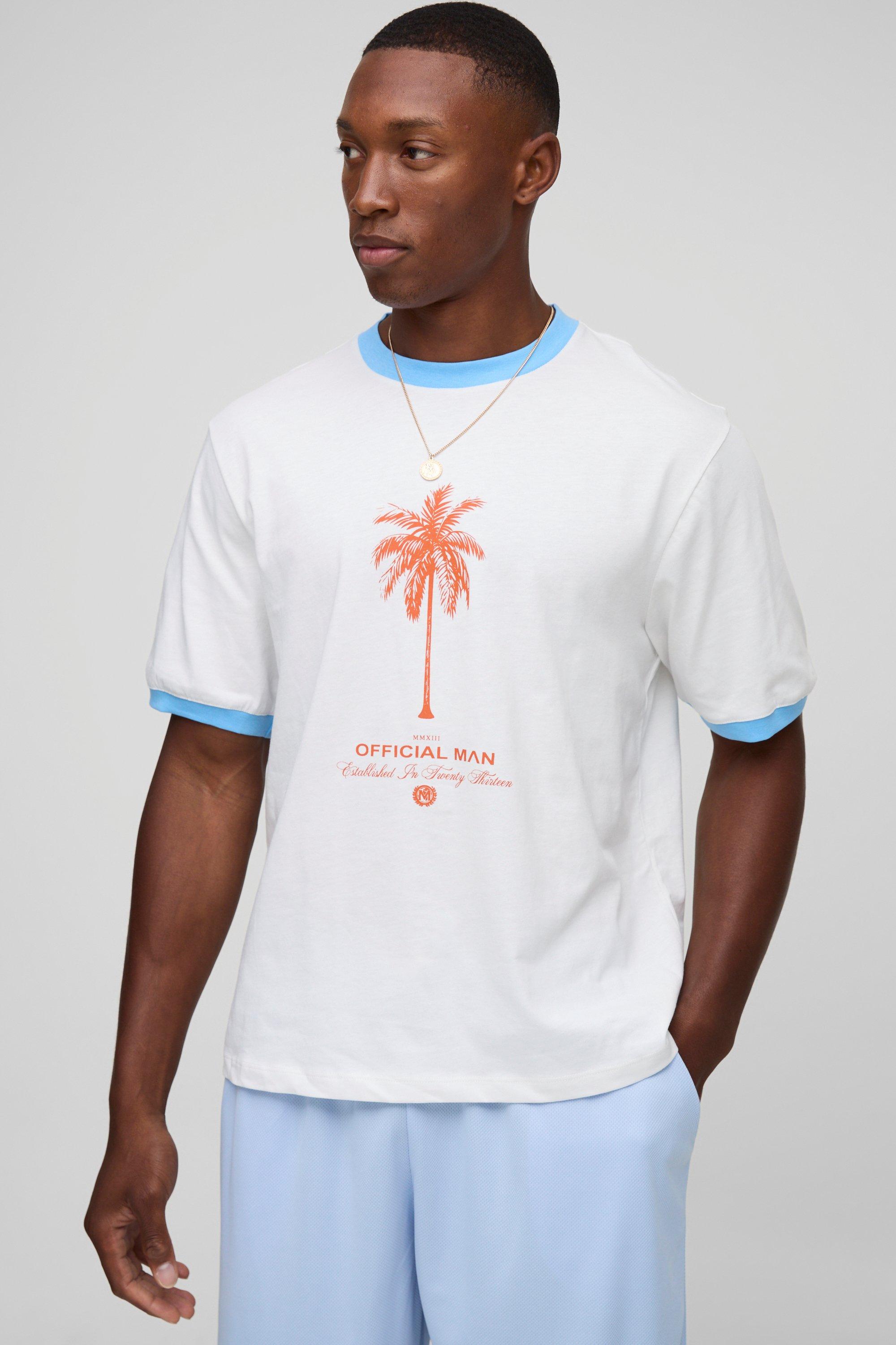 Mens White Boxy Palm Graphic Ringer T-Shirt, White