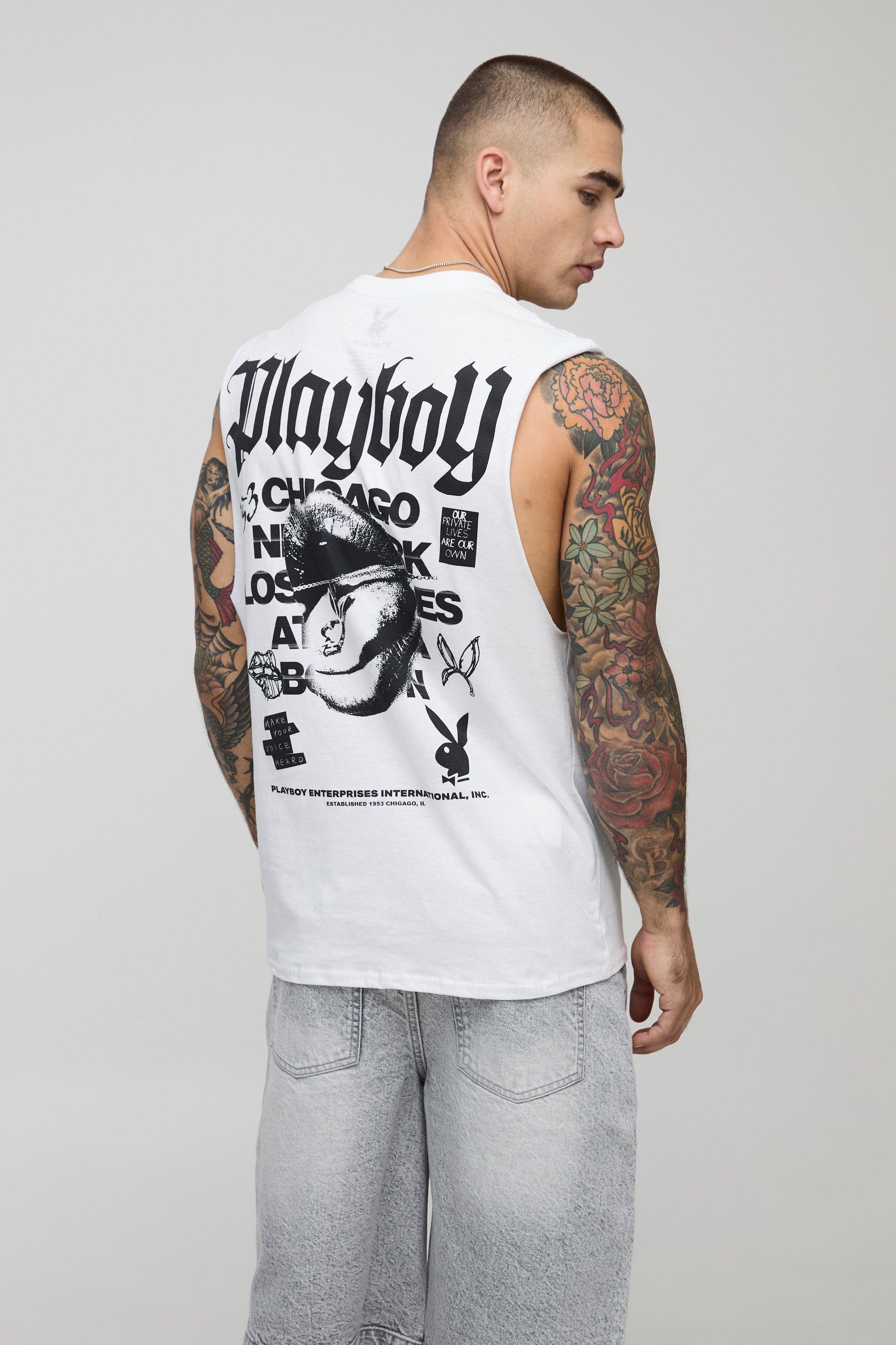 Mens White Playboy License Printed Droparm vest, White
