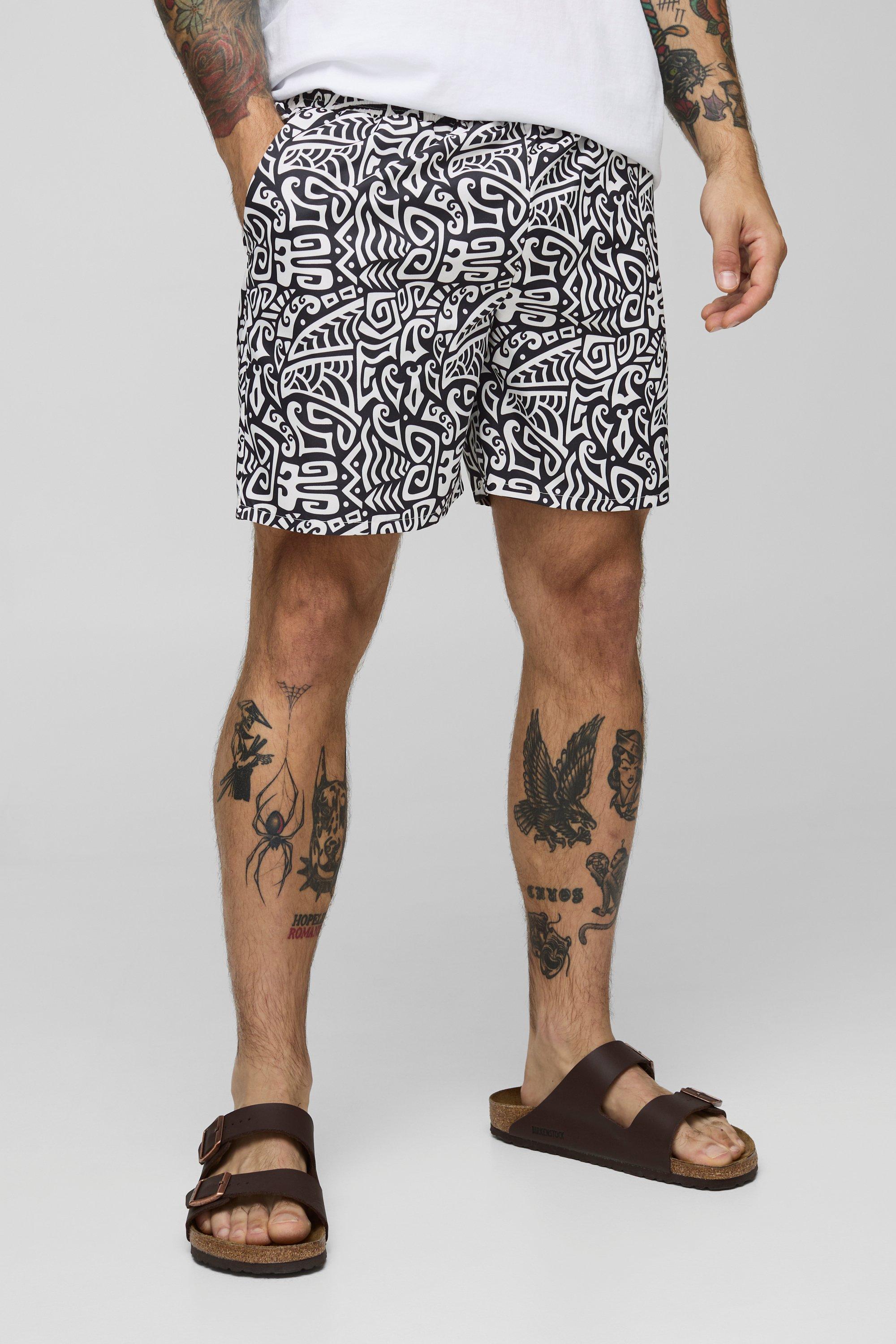 Mens Black Mid Length Abstract Swims, Black