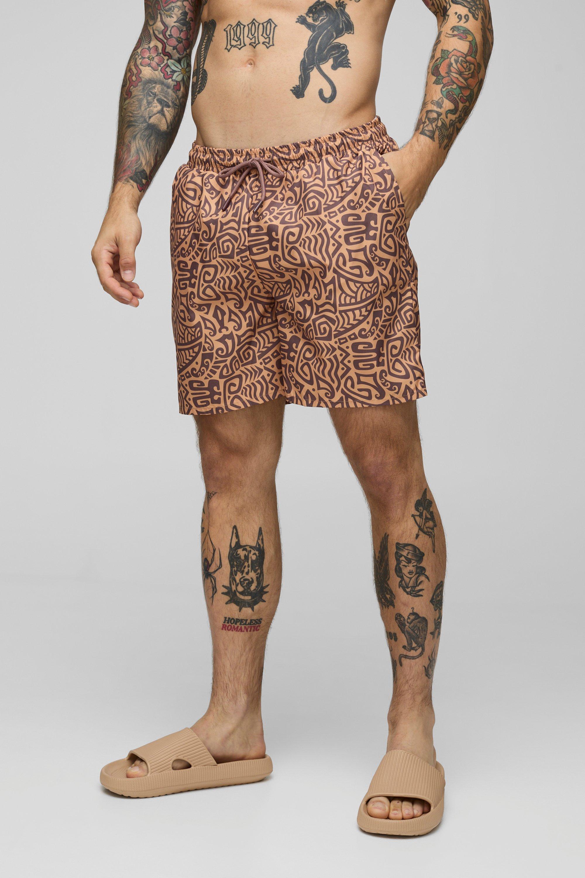 Mens Brown Mid Length Abstract Swims, Brown