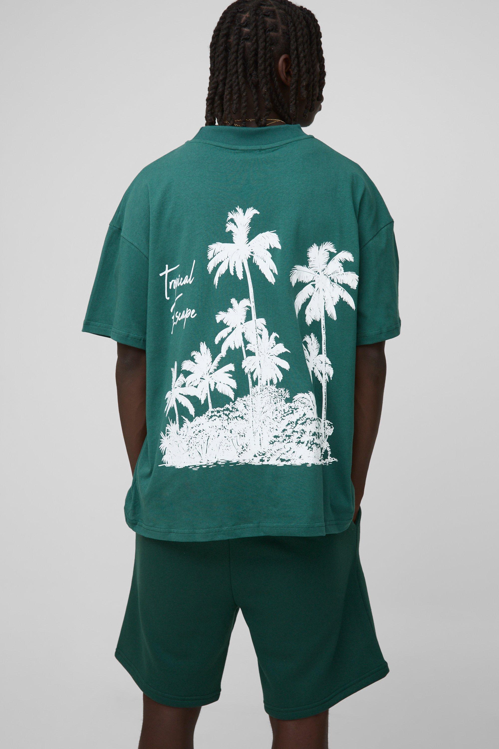 Mens Green Oversized Palm Print Overdye Wash T-Shirt And Short Set, Green