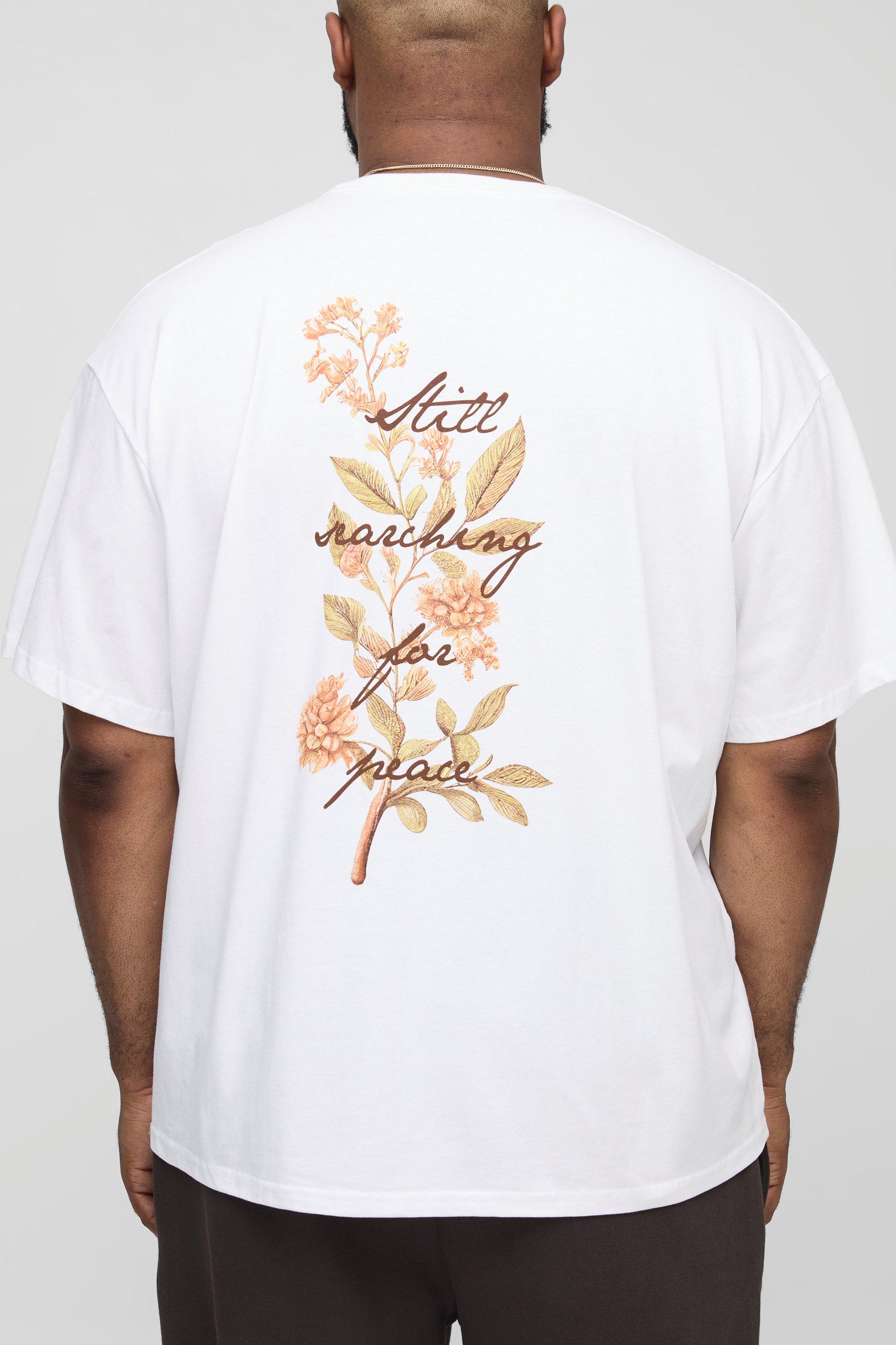 Mens White Plus Oversized Still Searching Floral Print T-Shirt, White