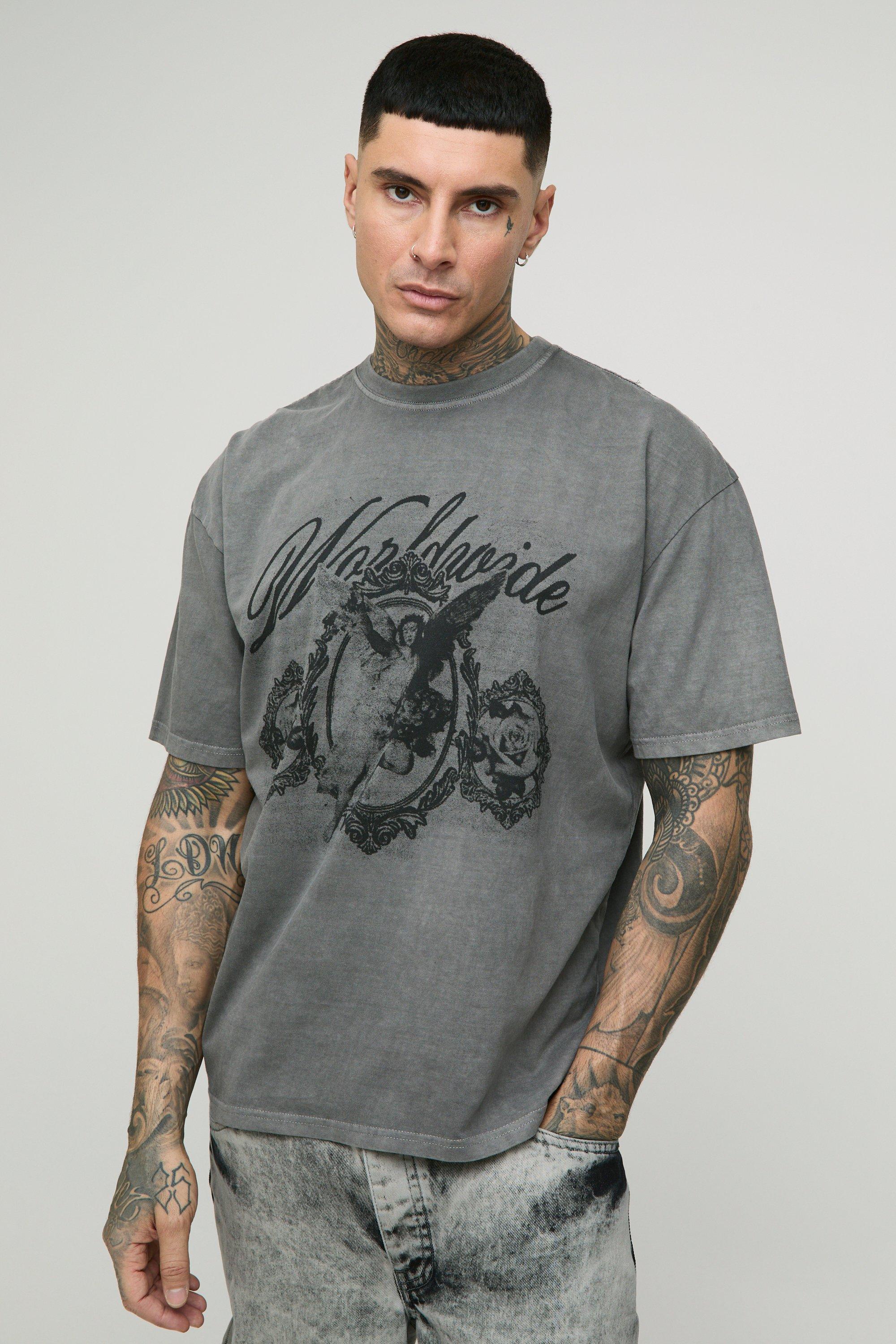 Mens Grey Tall Oversized Renaissance Print Washed Print T-Shirt, Grey
