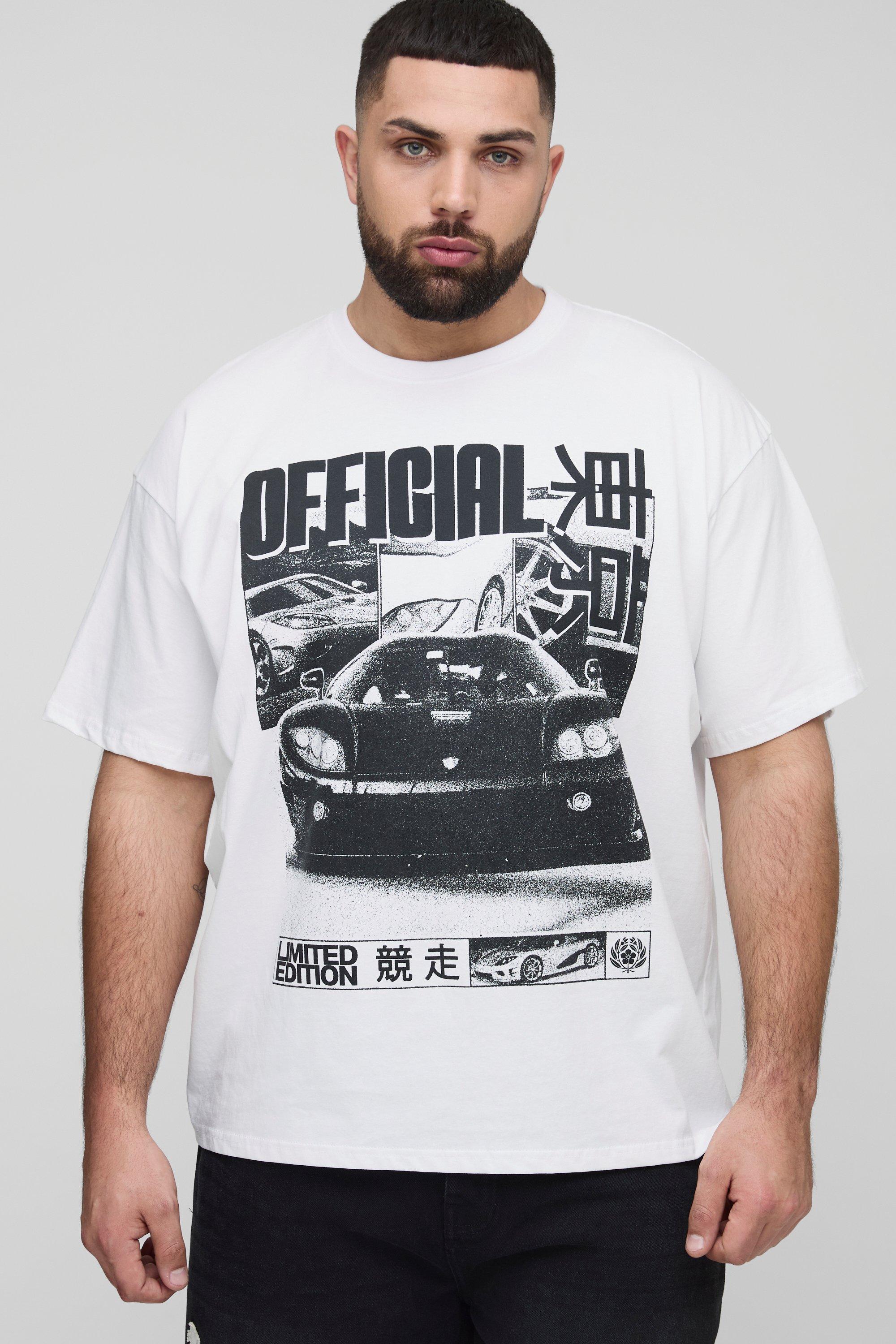 Mens White Plus Oversized Official Car Print T-Shirt, White