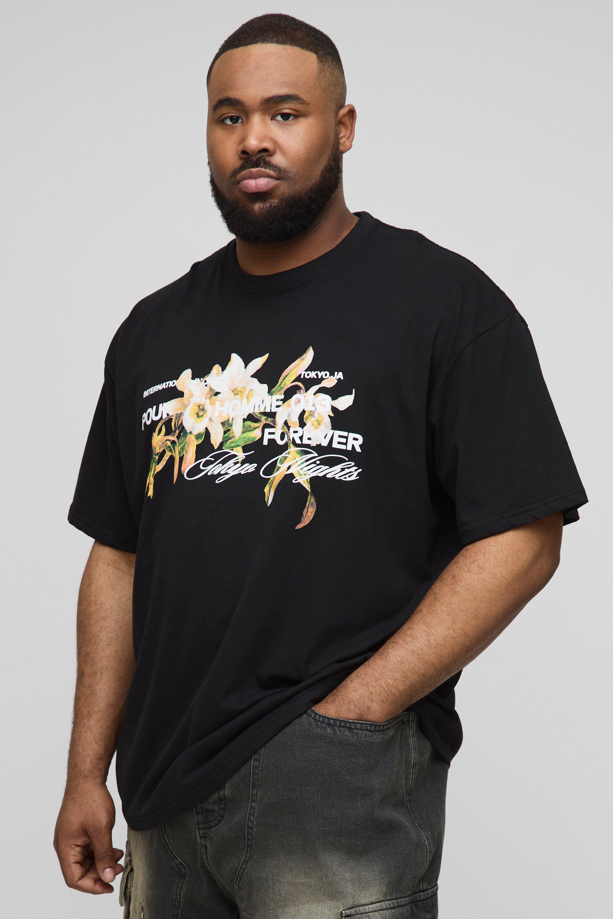Mens Black Plus Oversized Homme Floral Print T-Shirt, Black