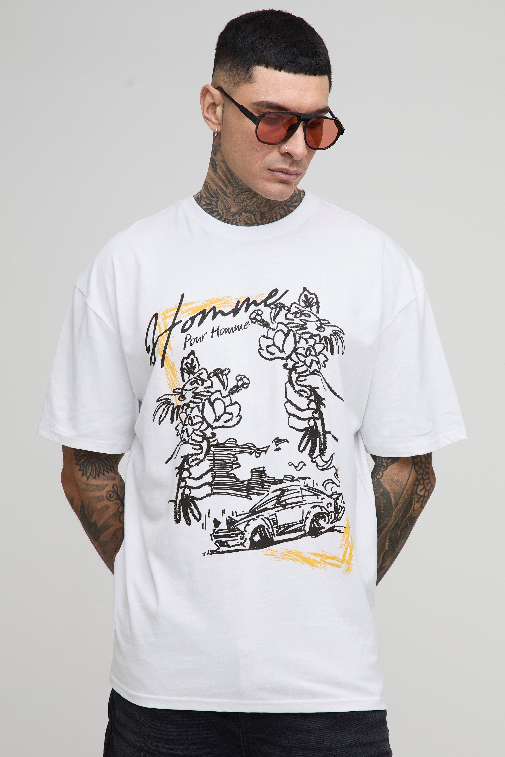 Mens White Tall Oversized Homme Floral Moto Print T-Shirt, White