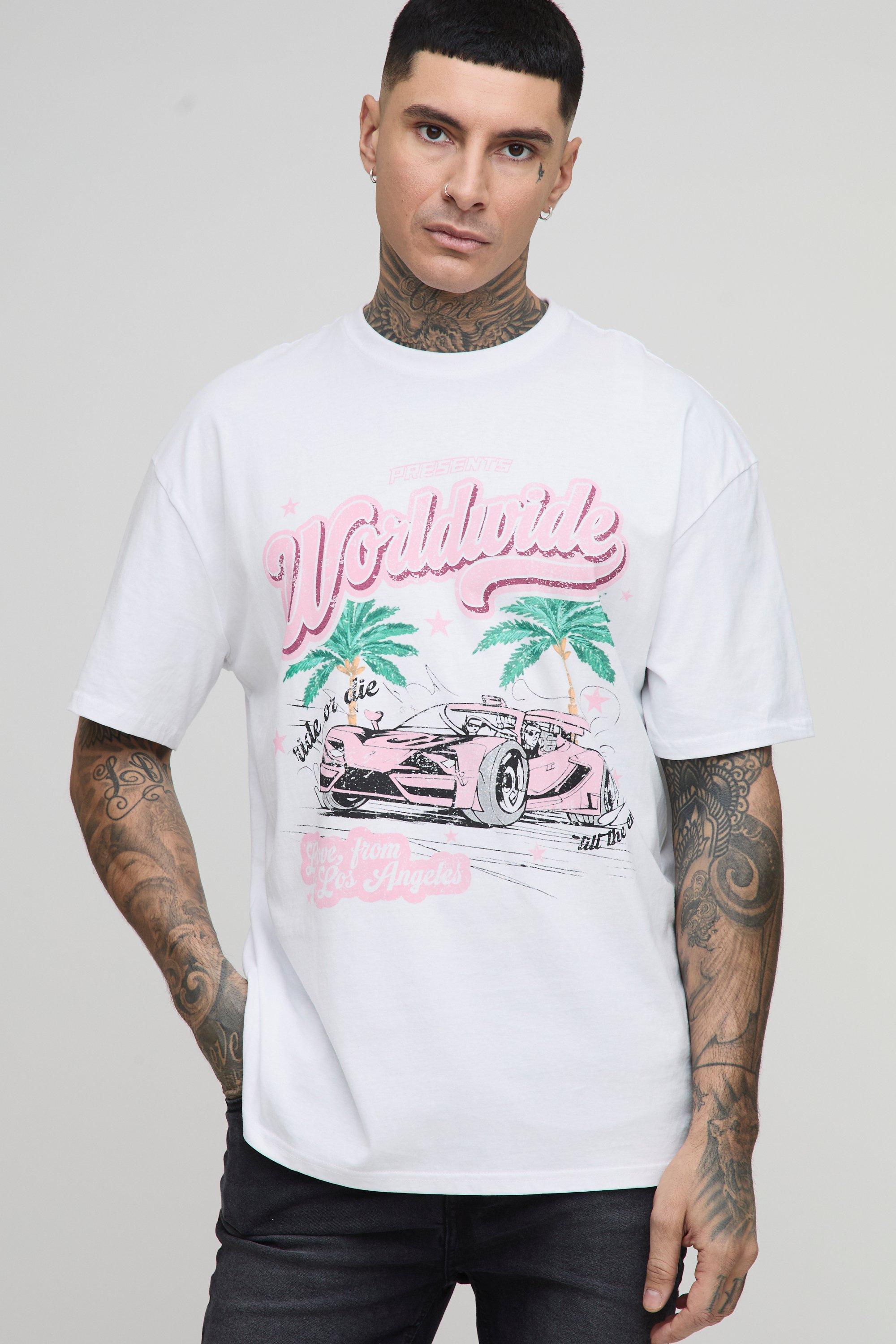 Mens White Tall Oversized Worldwide Palm Print Moto T-Shirt, White